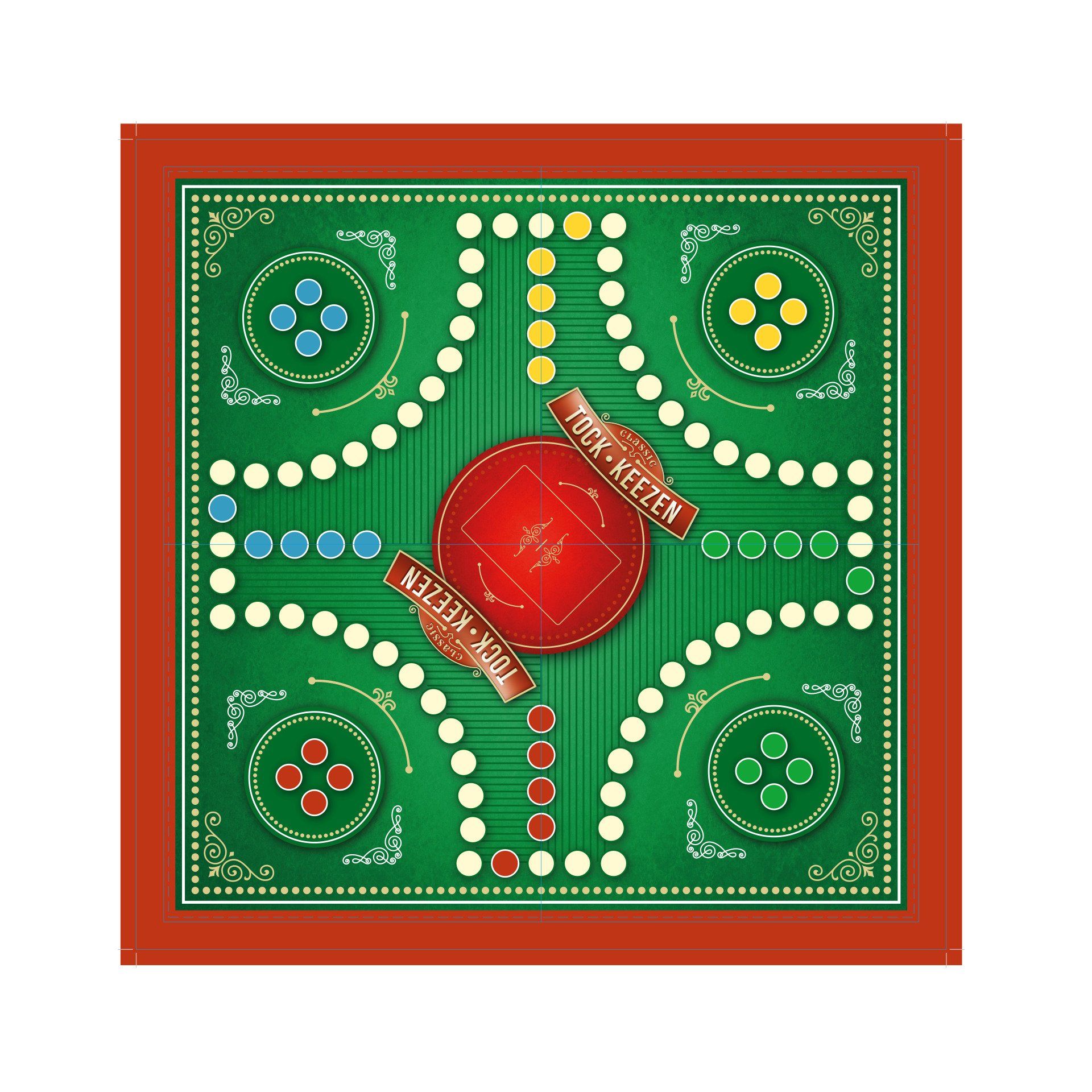 Een groen Ludo-spelbord met een rode cirkel in het midden, met vier gekleurde hoekvakken en paden voor de speelstukken.