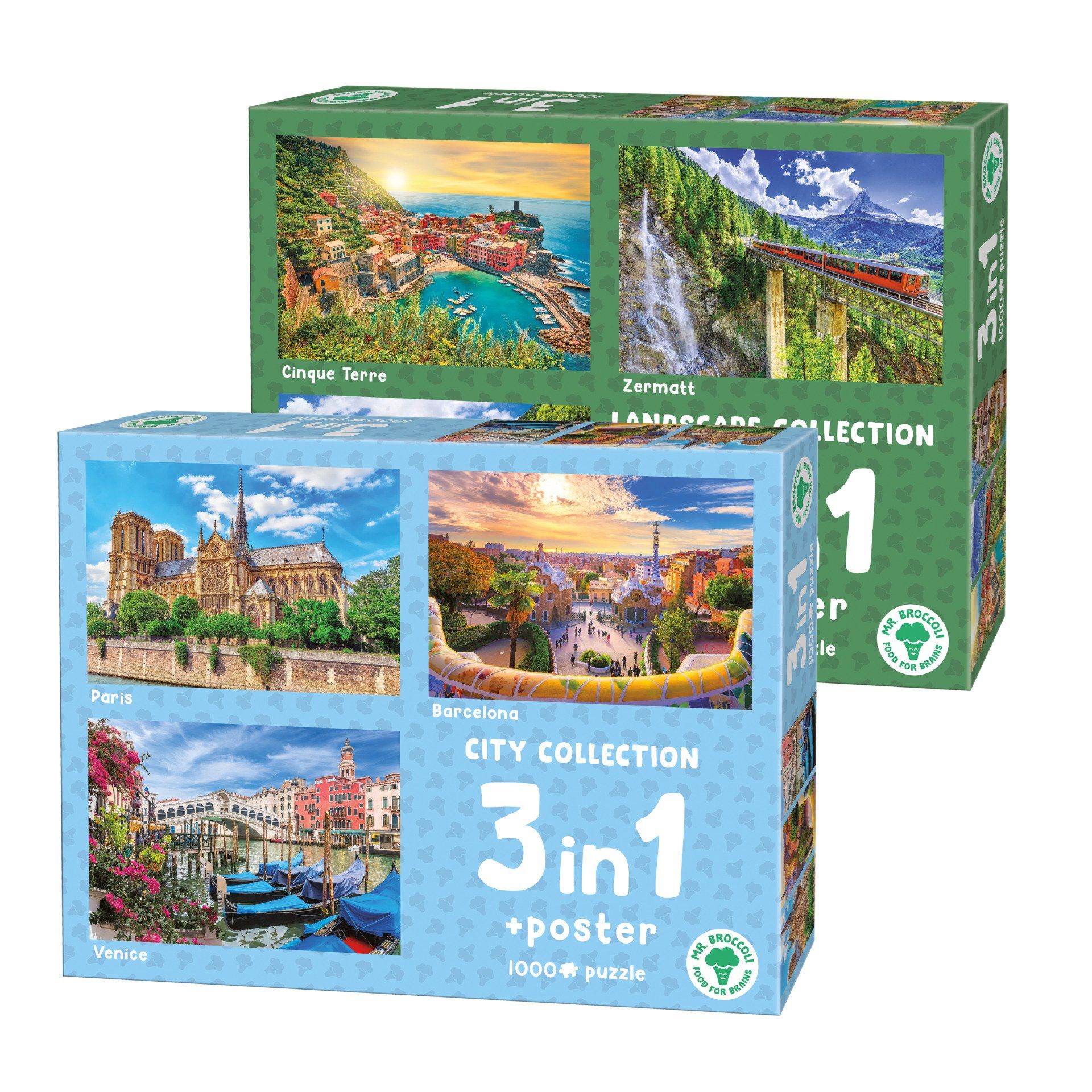 Twee 3-in-1 puzzeldozen met afbeeldingen met een reisthema: een groene (Landschapscollectie) en een blauwe (Stadscollectie).
