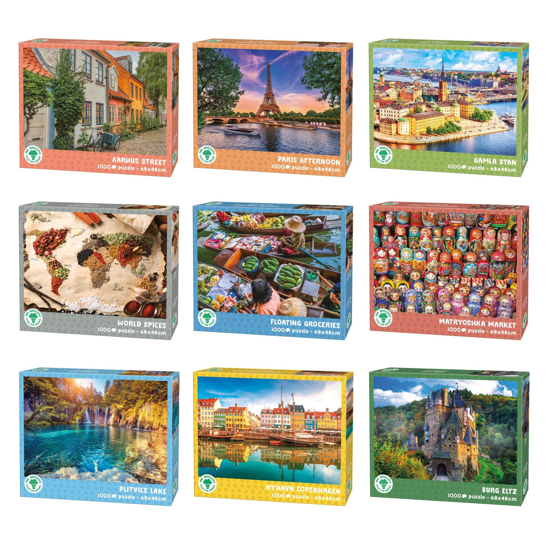 Een raster van negen puzzelvakjes, elk met verschillende landschaps-, stadsgezicht- en cultuurfotografiescènes.