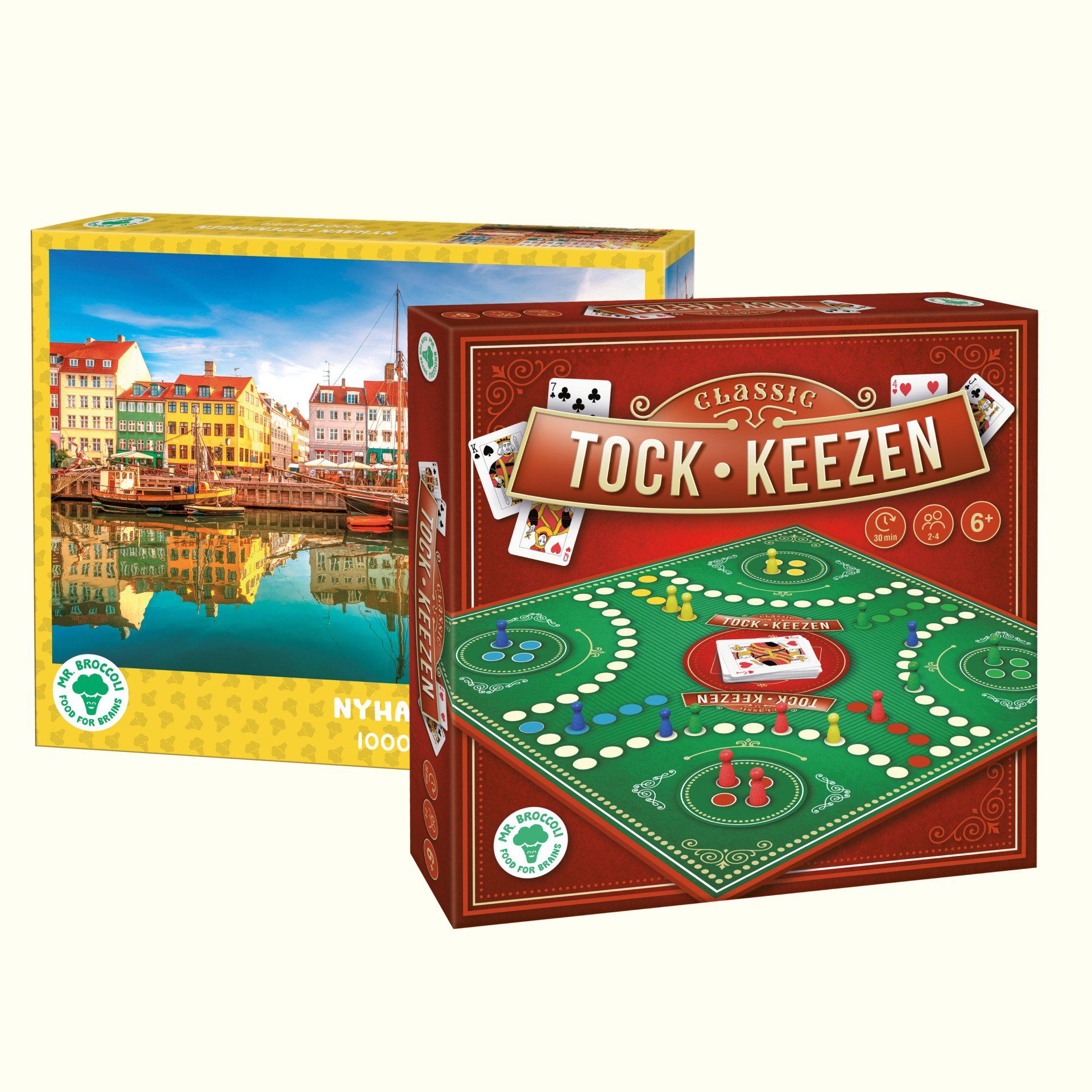 Een puzzeldoos met een afbeelding van een Europees waterfront en een rode doos van het Tock-Keezen bordspel.
