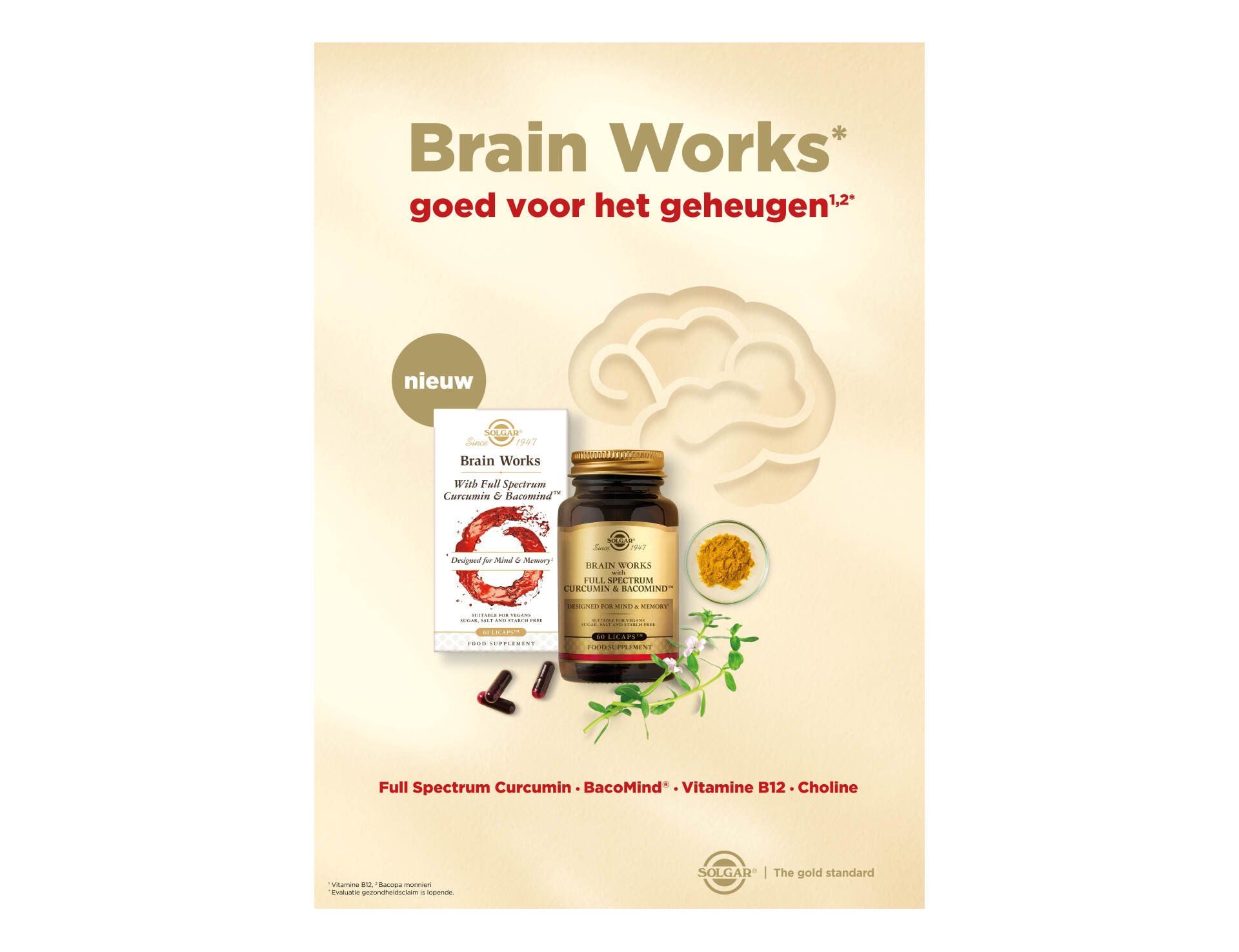 Reclame voor het geheugensupplement Brain Works, met de productfles en verpakking met botanische ingrediënten.