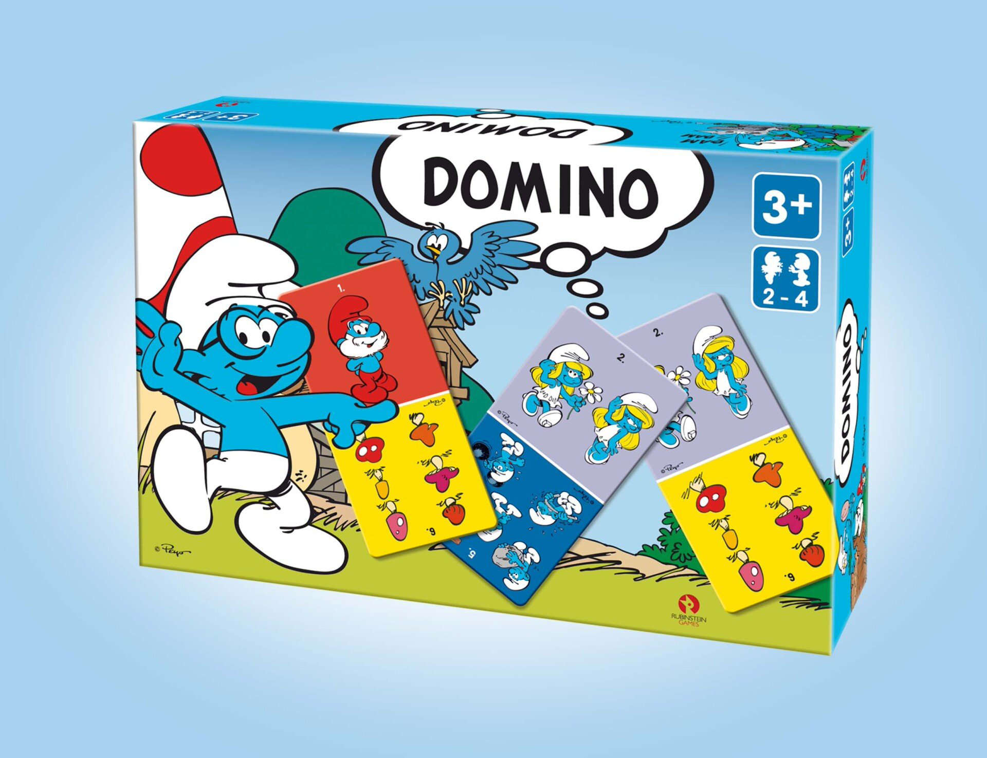 Een dominospeldoos met een Smurfen-thema, met een Smurf-figuurtje, kleurrijke dominostenen en een blauw-gele achtergrond.