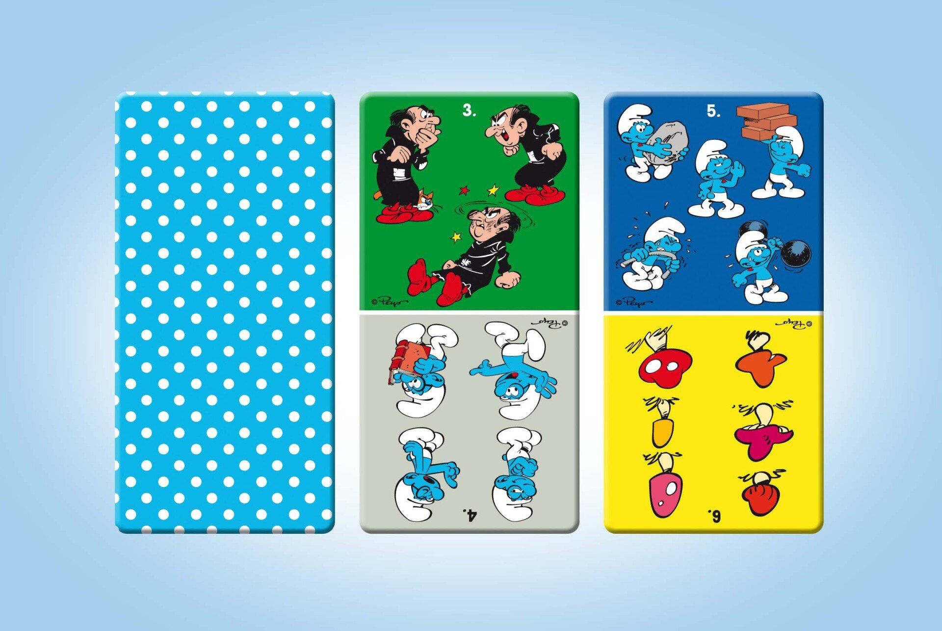Drie rechthoekige panelen: één blauw met witte hartjes, één met groen/grijze Smurfen en Gargamel, en één blauw/geel met voorwerpen.
