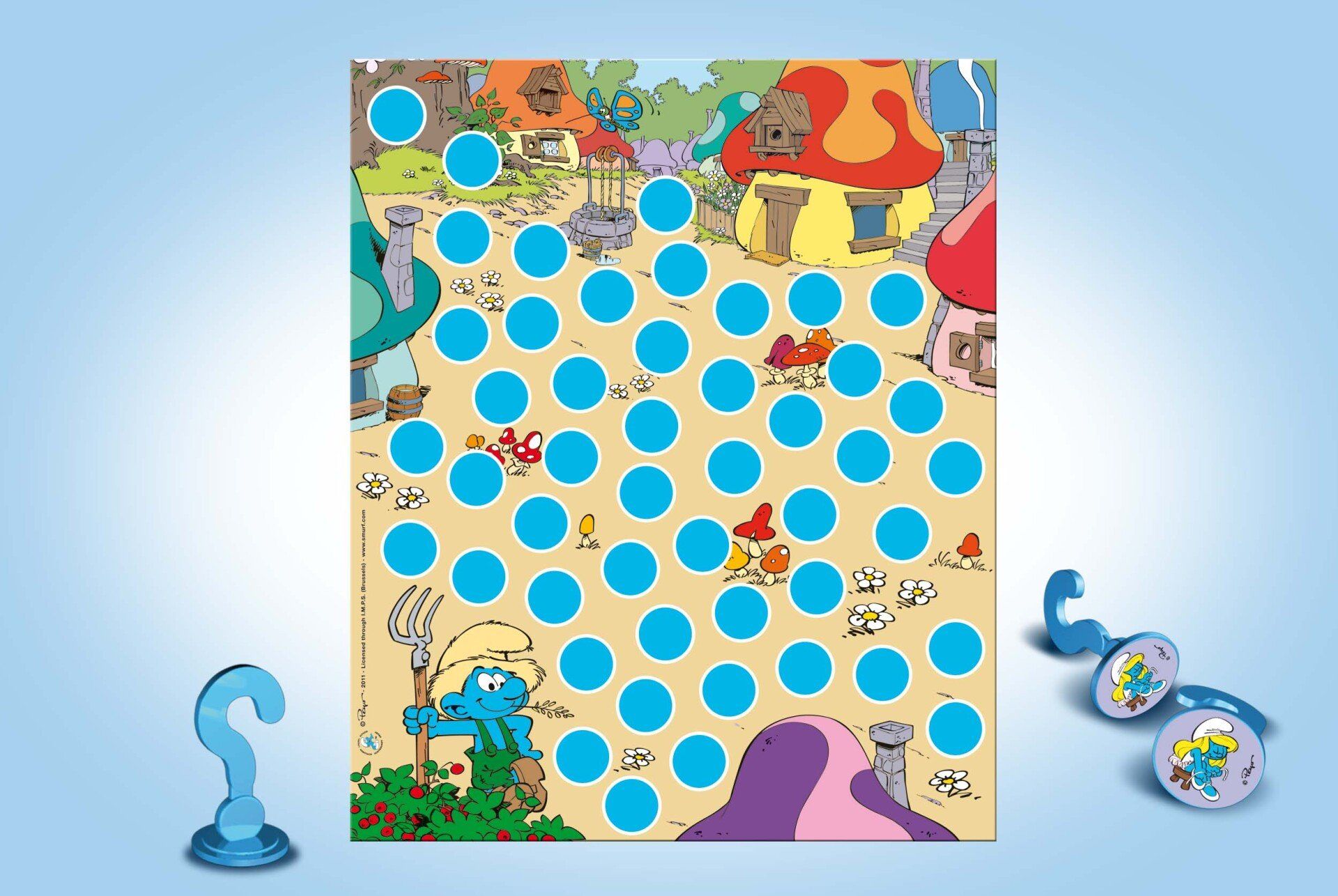 Een bordspel met Smurfen-thema, bestaande uit een raster van blauwe cirkels op een beige achtergrond, spelstukken en een Smurfenfiguur.