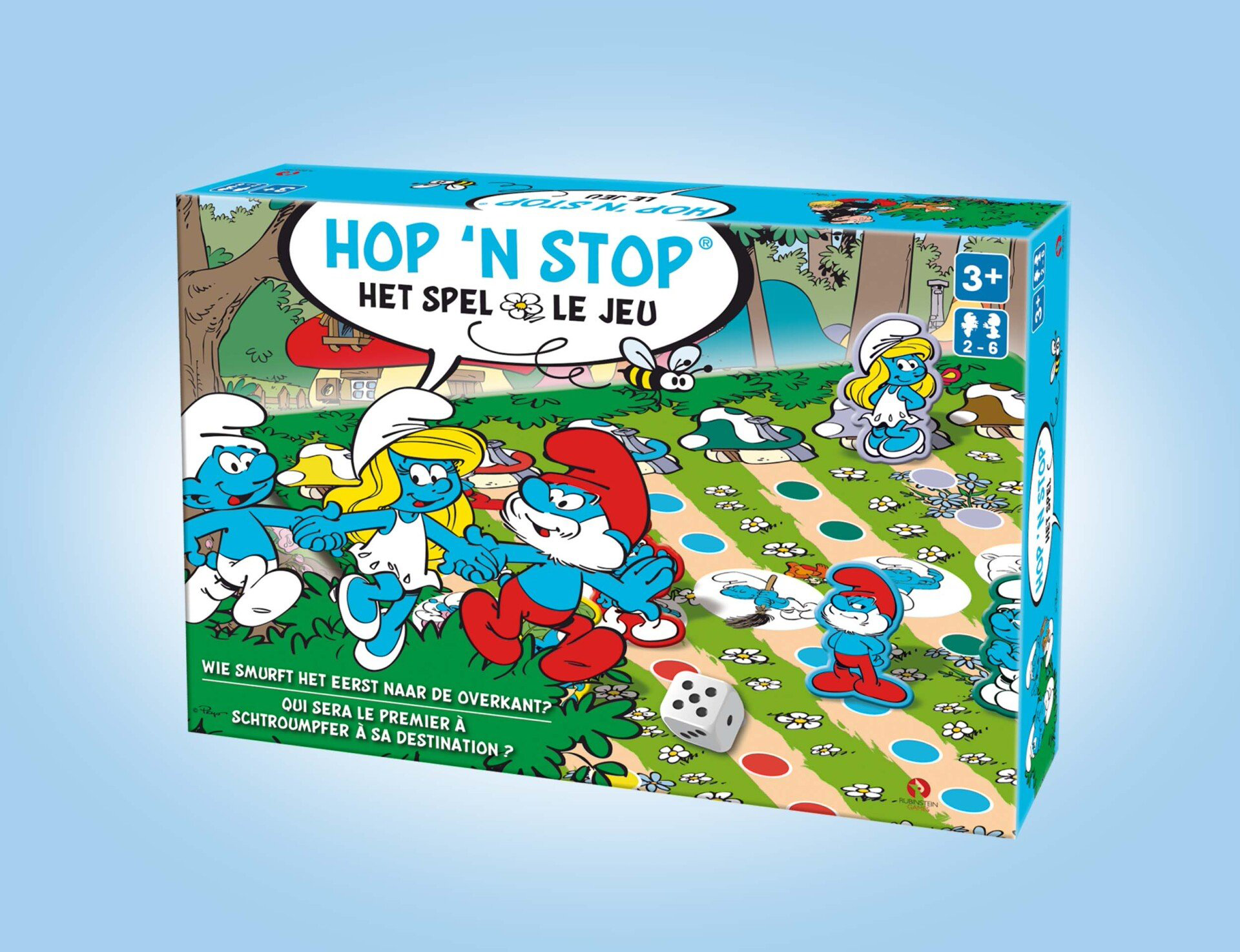Een bordspeldoos met Smurfen-thema, getiteld 