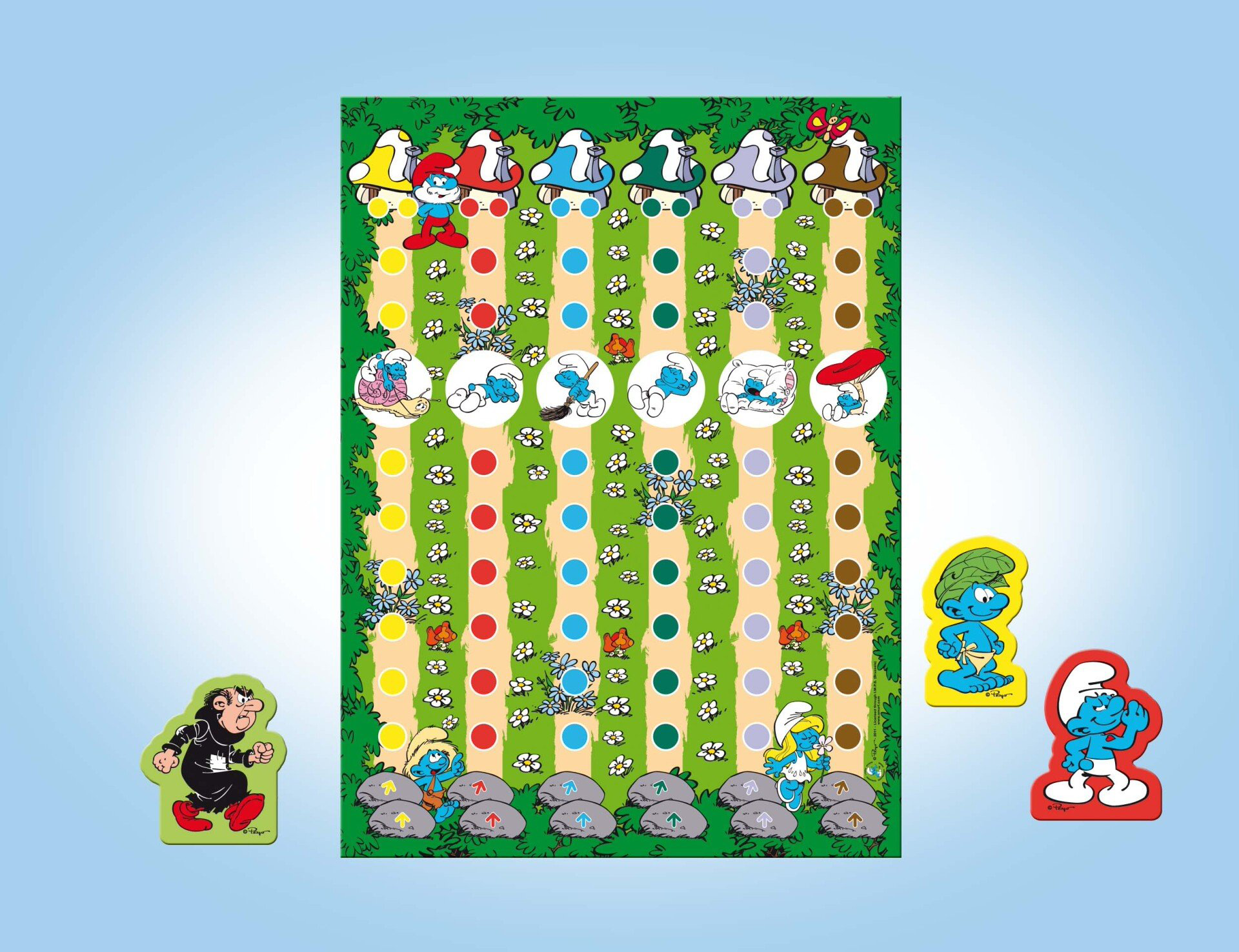 Een bordspel met Smurfen-thema, bestaande uit een verticaal raster van gekleurde stippen, met Gargamel en twee Smurf-speelstukken.