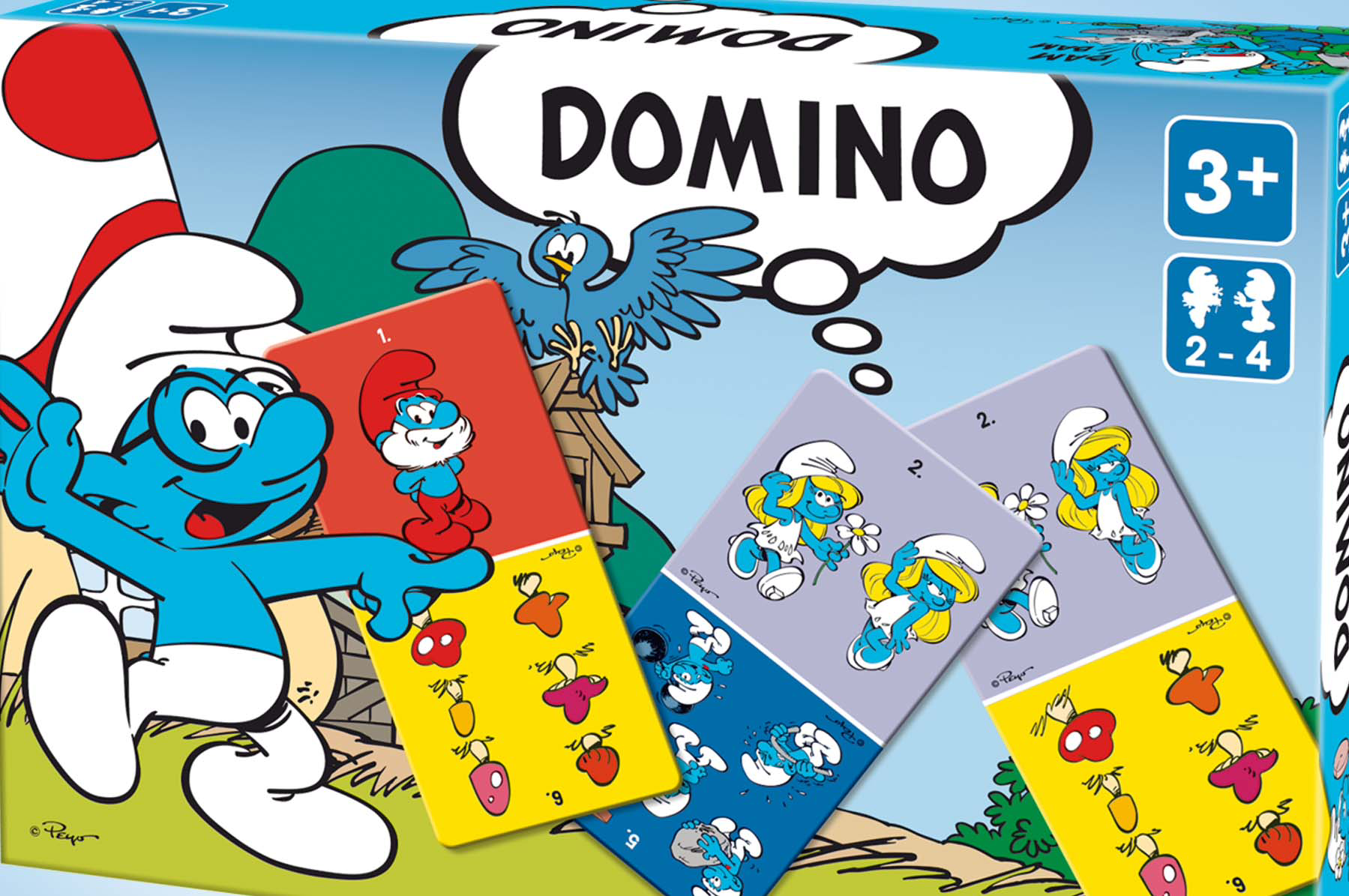 Een dominospeldoos met een Smurfen-thema, voorzien van illustraties van Smurfenfiguren op kleurrijke tegels tegen een cartoonachtige achtergrond.