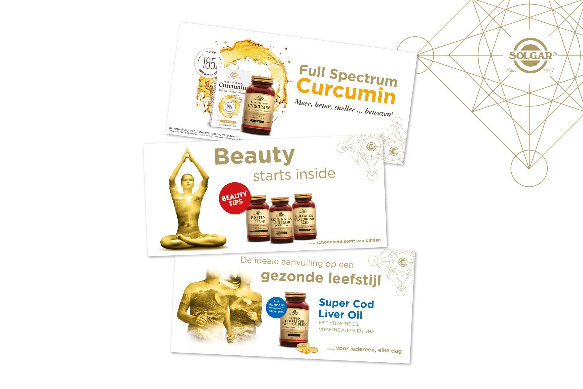 Drie promotiebanners voor Solgar-supplementen, met producten zoals Full Spectrum Curcumin en Super Cod Liver Oil.