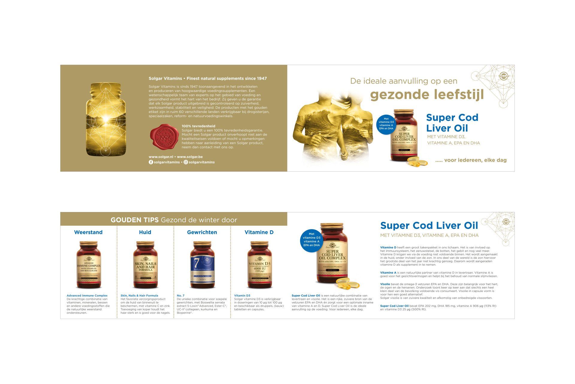 Een promotiefolder met diverse voedingssupplementen, waaronder levertraan, met beschrijvingen in het Nederlands.