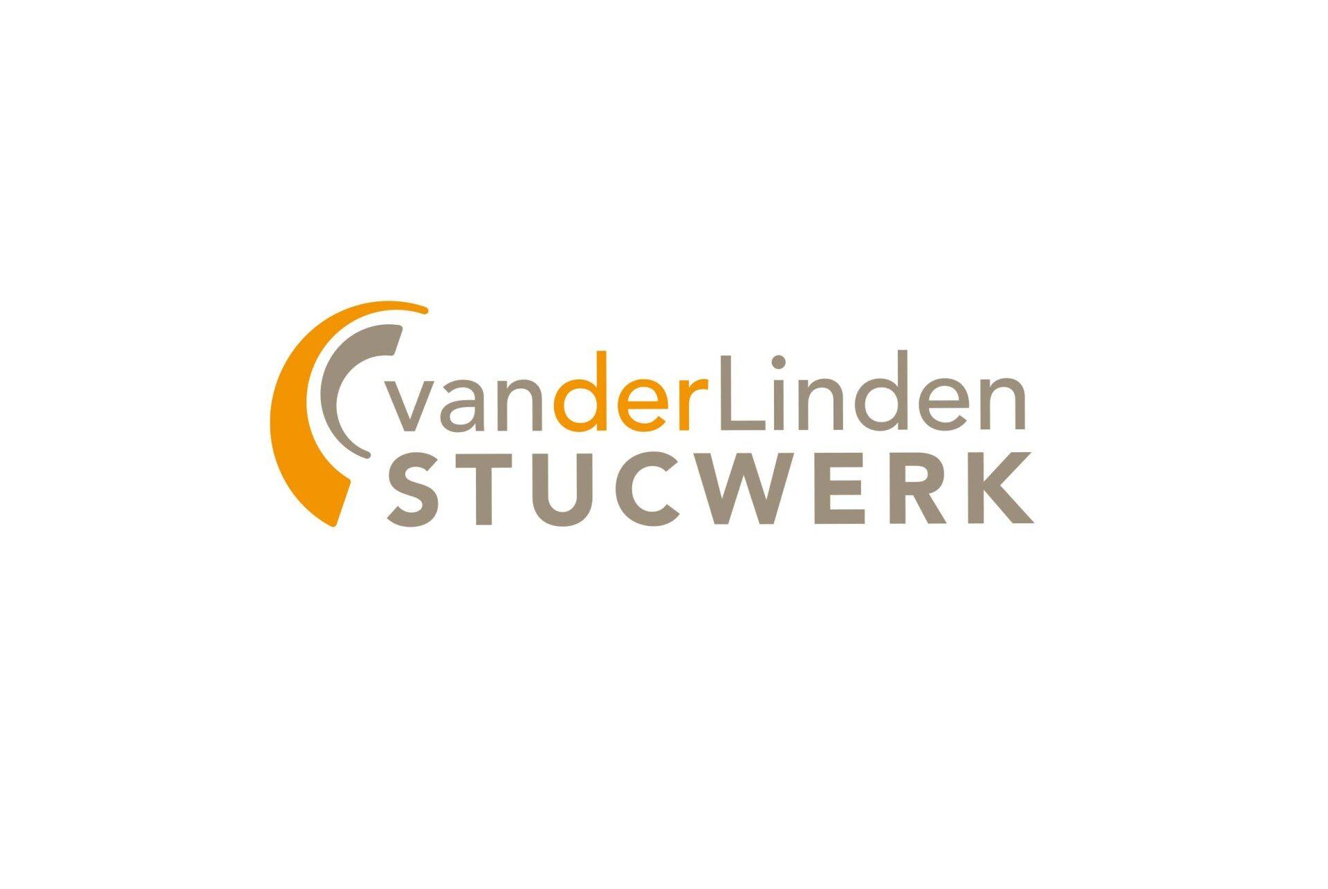 Logo voor vanderLinden STUCWERK met abstracte, gebogen vormen in oranje en grijs naast de tekst.