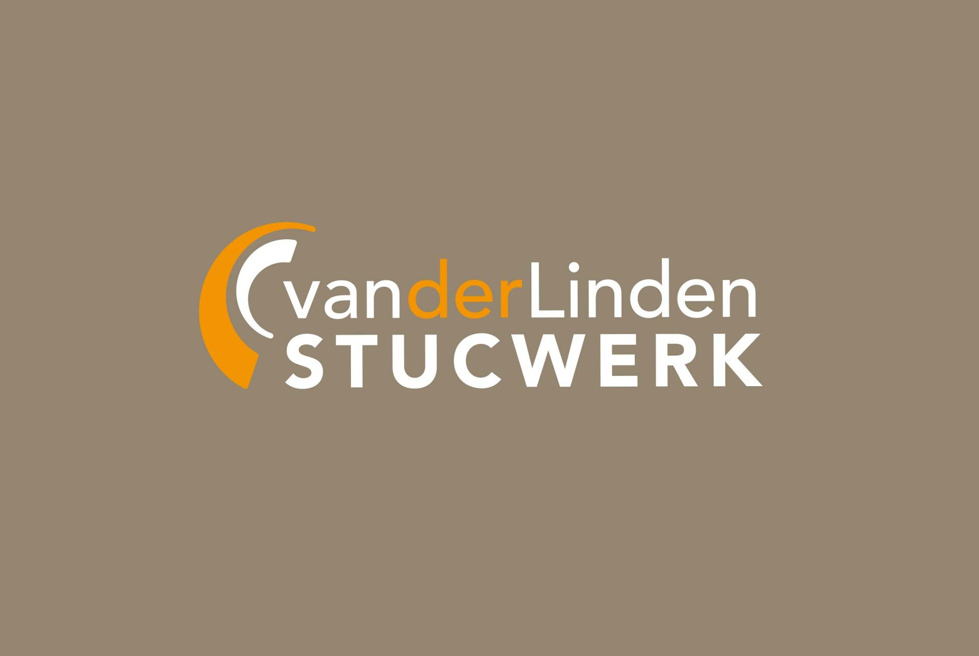 Logo voor van der Linden Stucwerk met witte en oranje tekst op een effen taupekleurige achtergrond.