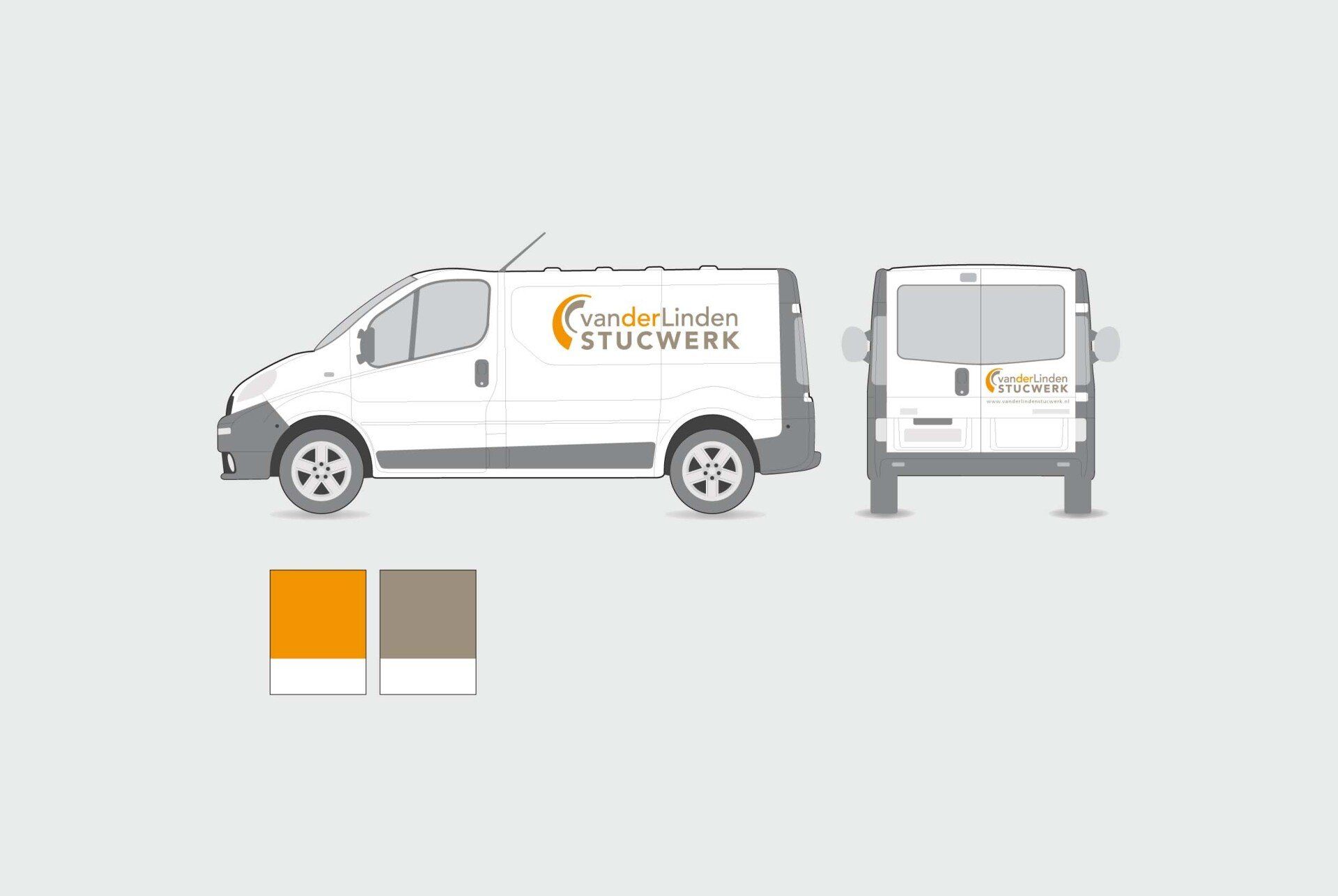Een witte bestelwagen, van de zijkant en achterkant gezien, met een oranje en grijs logo, vergezeld van twee kleurstalen.
