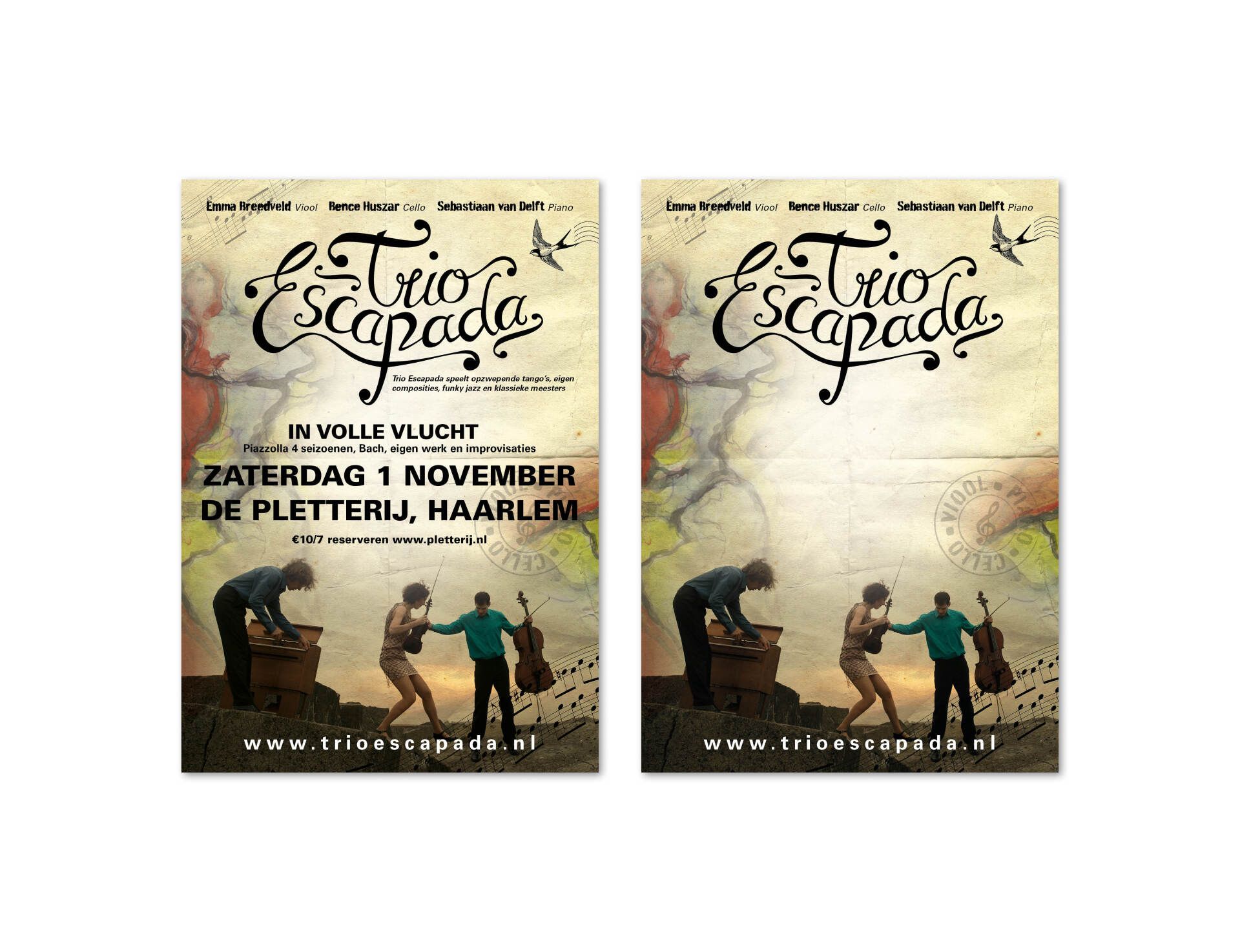 Twee naast elkaar geplaatste evenementposters voor Trio Escapada, met drie muzikanten die optreden tegen een vintage achtergrond met een kaartthema.