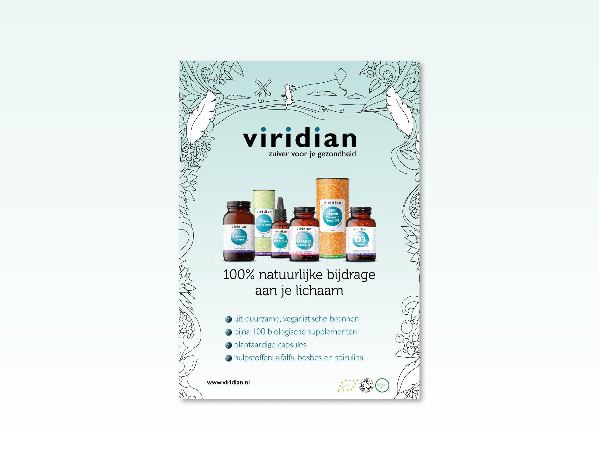 Een advertentie van Viridian met zes productflessen op een lichtblauwe achtergrond met gedetailleerde bloemenranden.