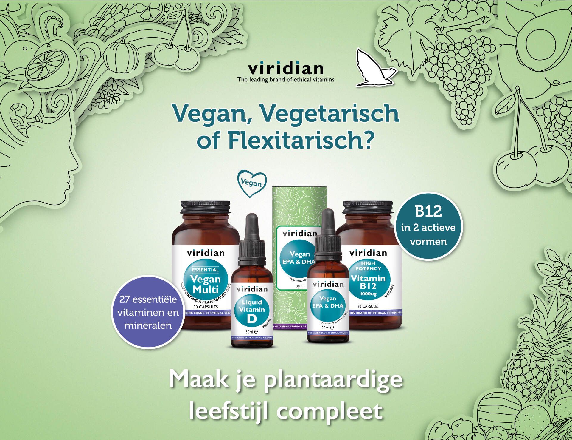Viridian supplementflesjes op een lichtgroene achtergrond met Nederlandse tekst over een veganistische en vegetarische levensstijl.