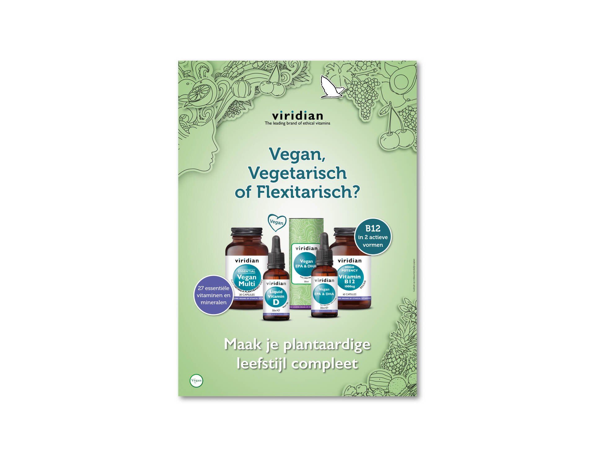 Een productadvertentie voor Viridian voedingssupplementen met flessen op een lichtgroene, natuurlijke achtergrond.