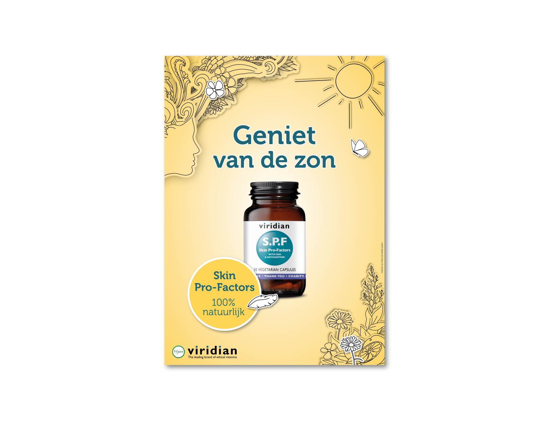 Een productadvertentie van Viridian met een flesje voedingssupplement, de tekst 