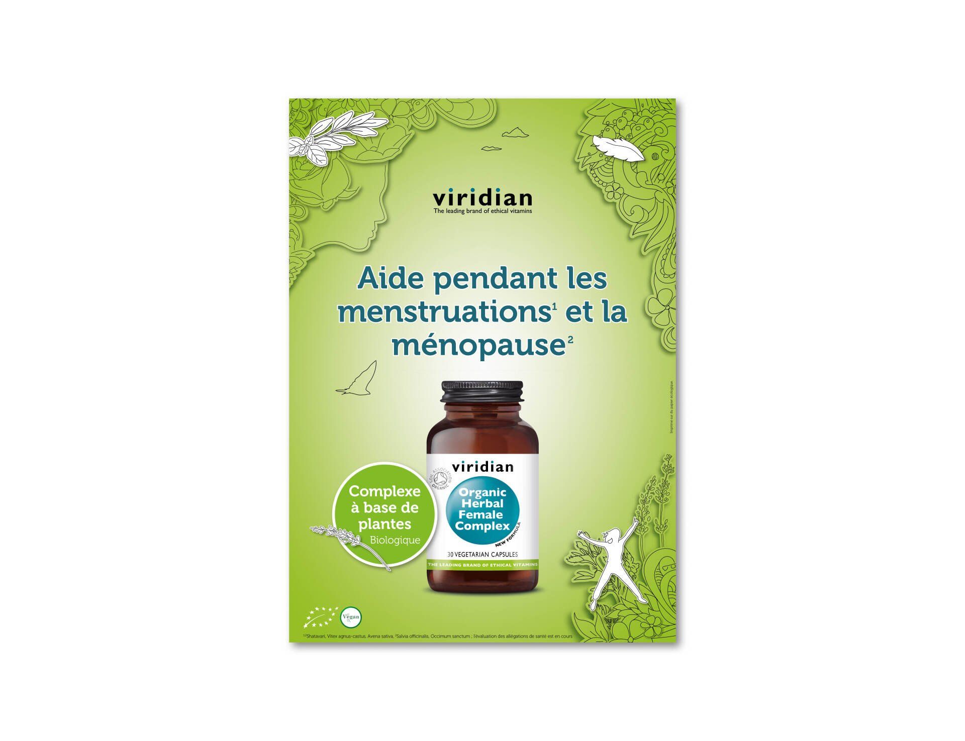 Een promotieposter voor Viridian-supplementen voor menstruatie en menopauze, met een productfles op een groene achtergrond.