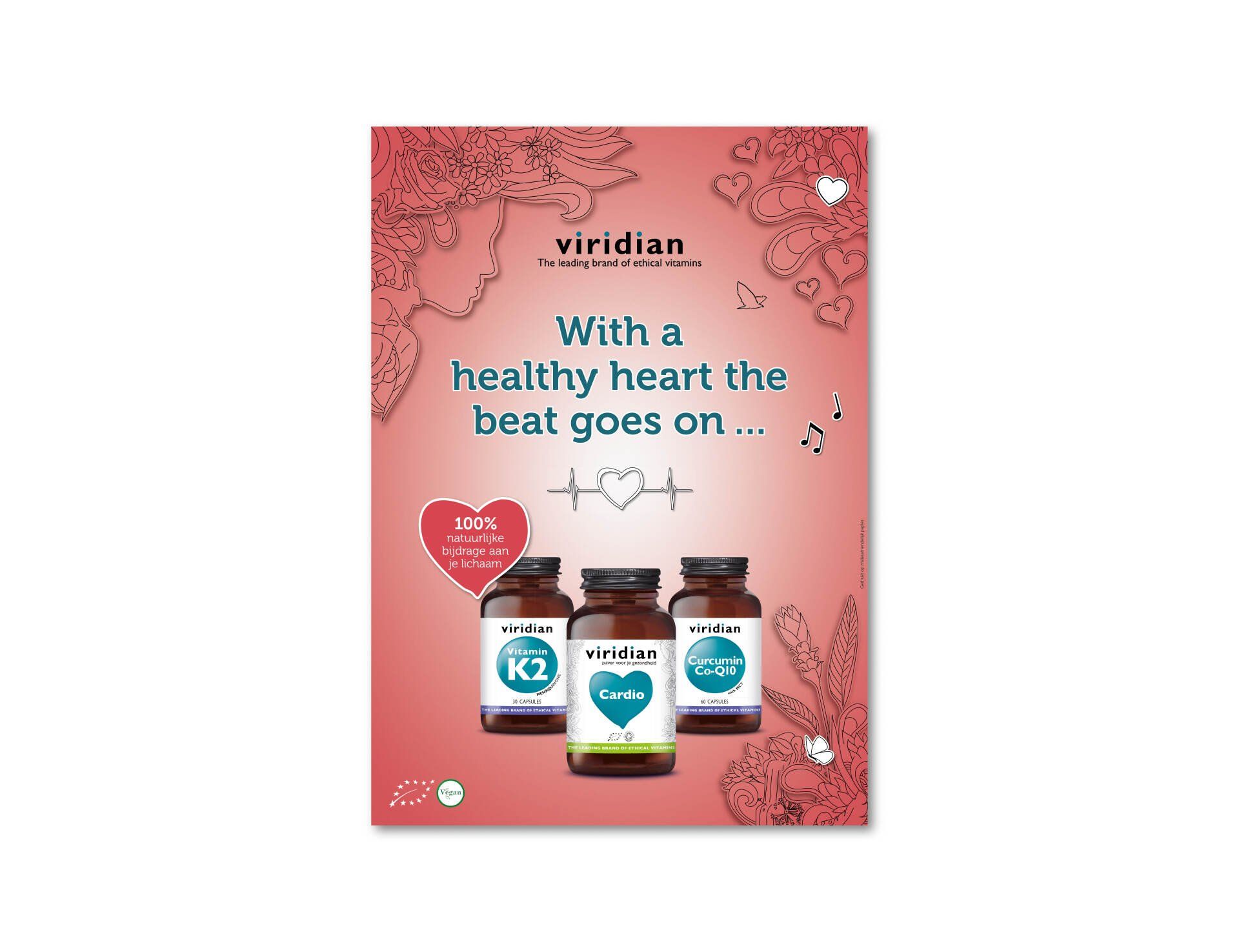 Een roze reclame voor Viridian-supplementen, met drie flessen die de hartgezondheid promoten, voorzien van decoratieve afbeeldingen.