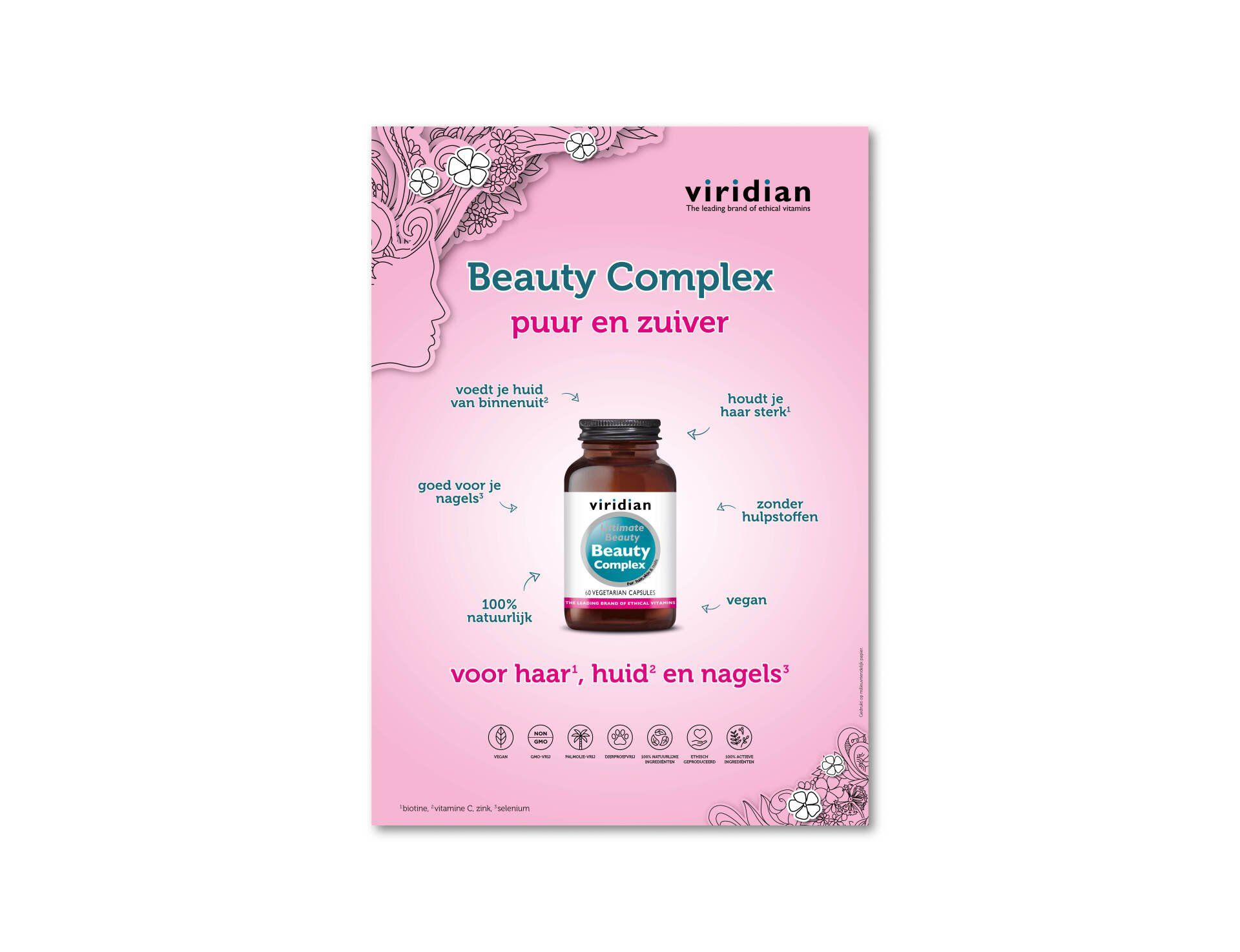 Een advertentie voor een fles Viridian Beauty Complex-supplement op een roze achtergrond met de ingrediënten en pictogrammen.