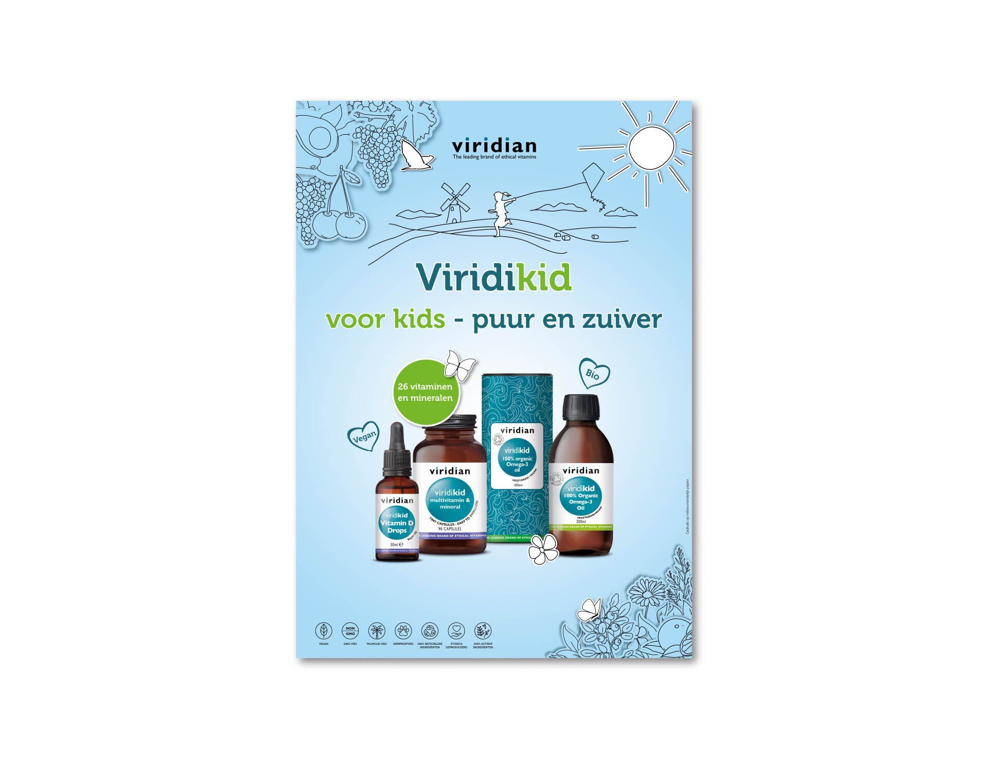 Promotieposter voor Viridikid-supplementen met drie flesjes en een doos op een lichtblauwe, geïllustreerde achtergrond.