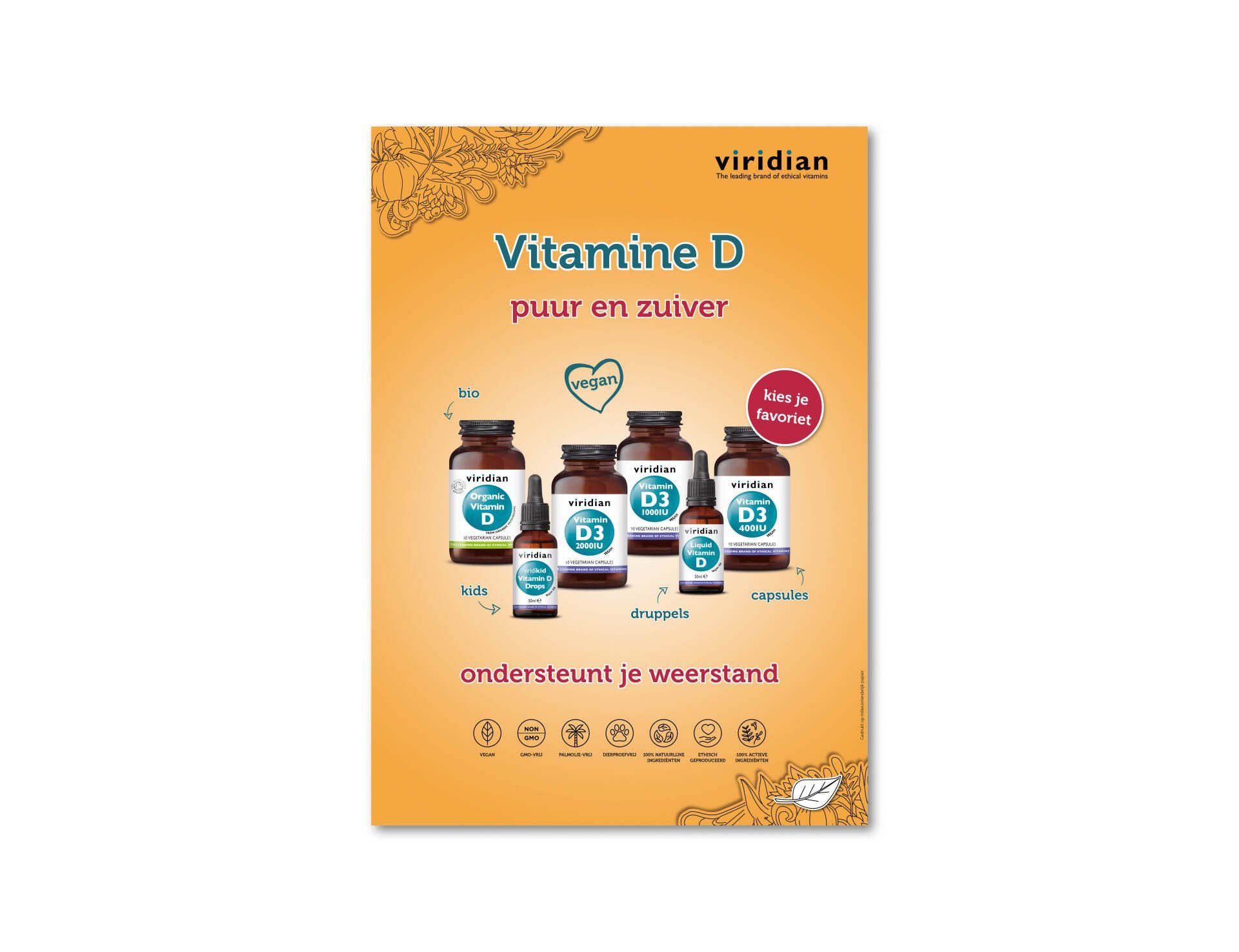 Een reclame van het merk Viridian voor vitamine D-supplementen, met een verzameling flesjes tegen een oranje achtergrond.