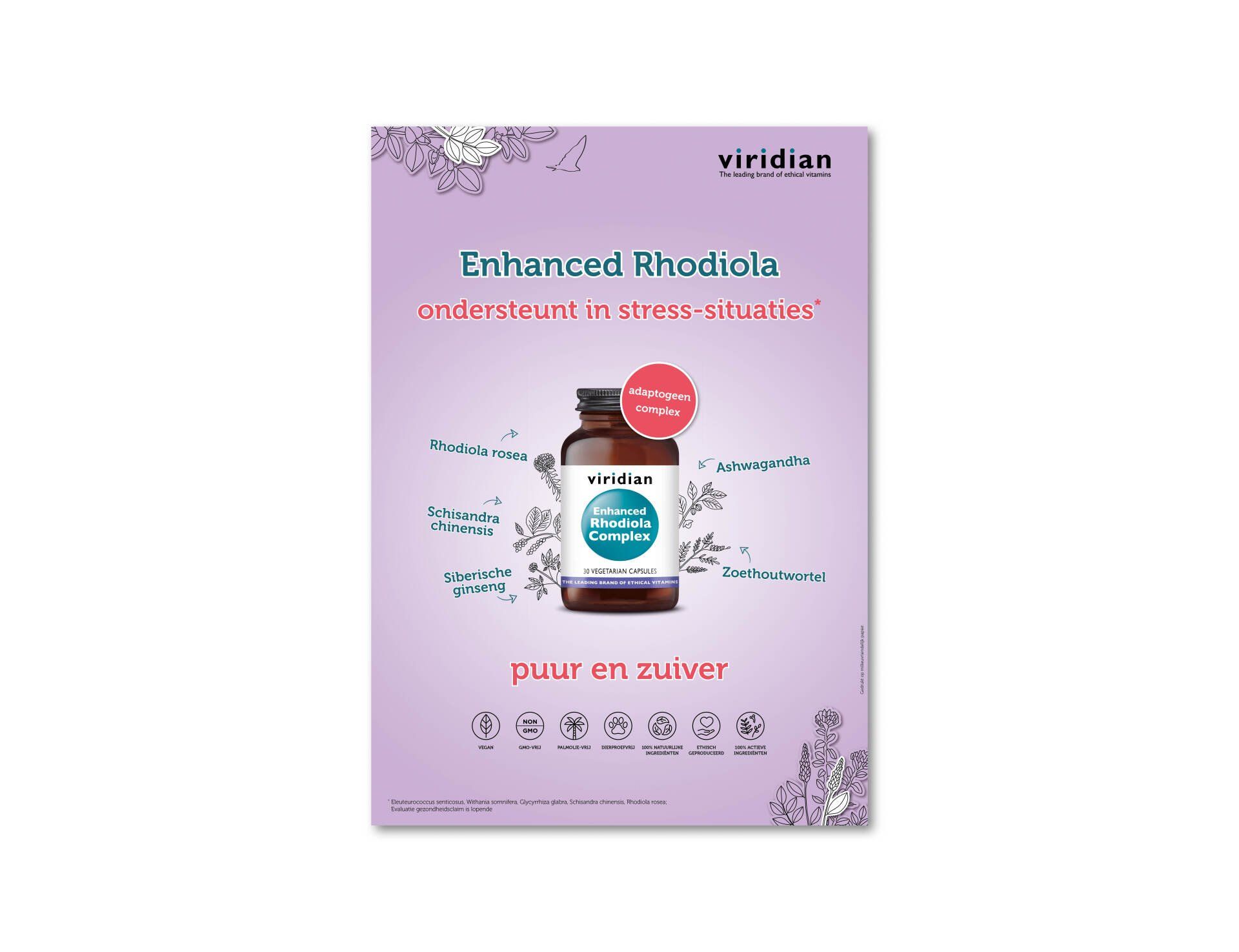 Productadvertentie voor Viridian Enhanced Rhodiola met een supplementfles, etiketclaims en pictogrammen op een lila achtergrond.