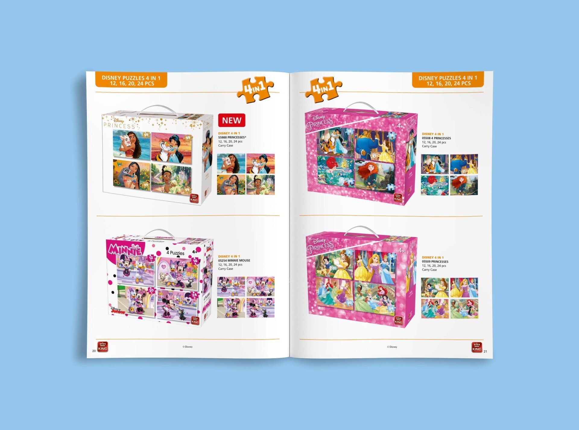 Een productcataloguspagina met vier sets Disney-puzzels in dozen, voorzien van kleurrijke illustraties.