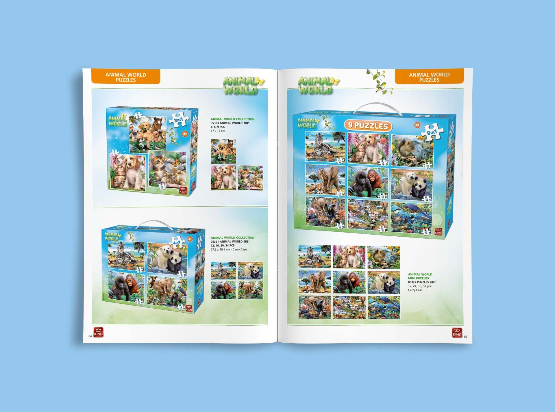 Een cataloguspagina met diverse puzzelsets met dieren als thema, met kleurrijke afbeeldingen van honden en katten op een blauwe achtergrond.