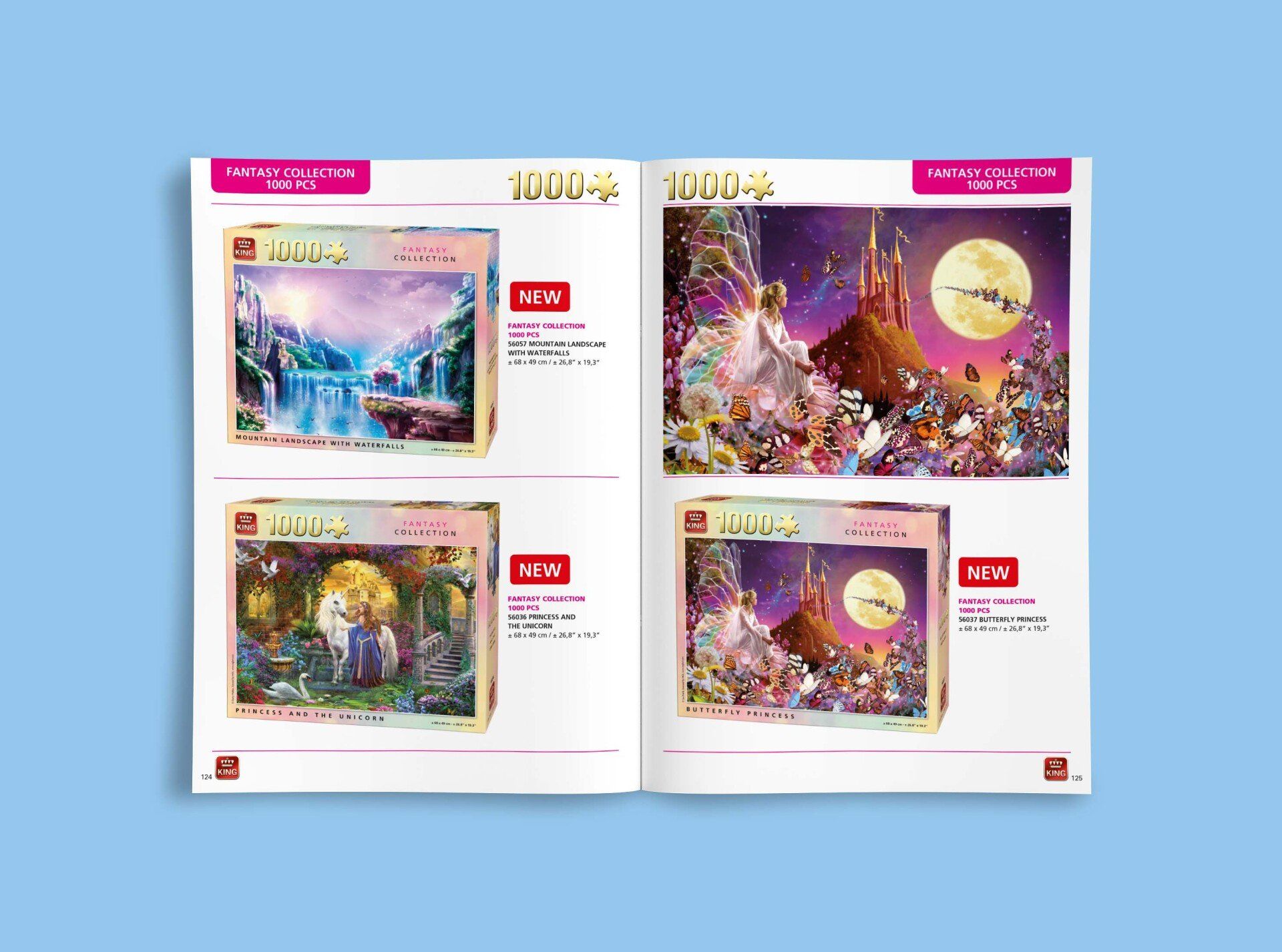 Een cataloguspagina met vier fantasiepuzzels van 1000 stukjes, elk met een codenummer en een klein productdoosje.