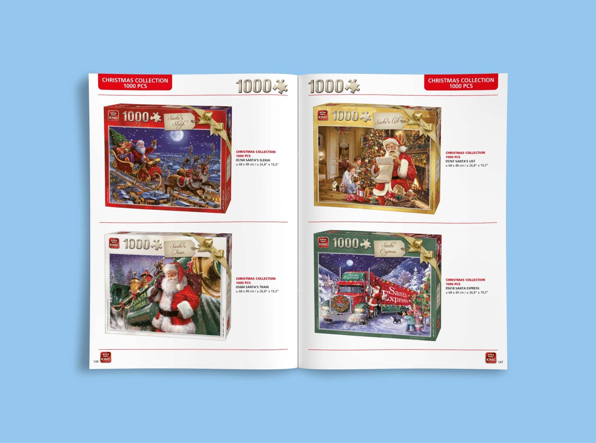 Een cataloguspagina met vier kerstpuzzels van 1000 stukjes, elk met een afbeelding van de Kerstman.
