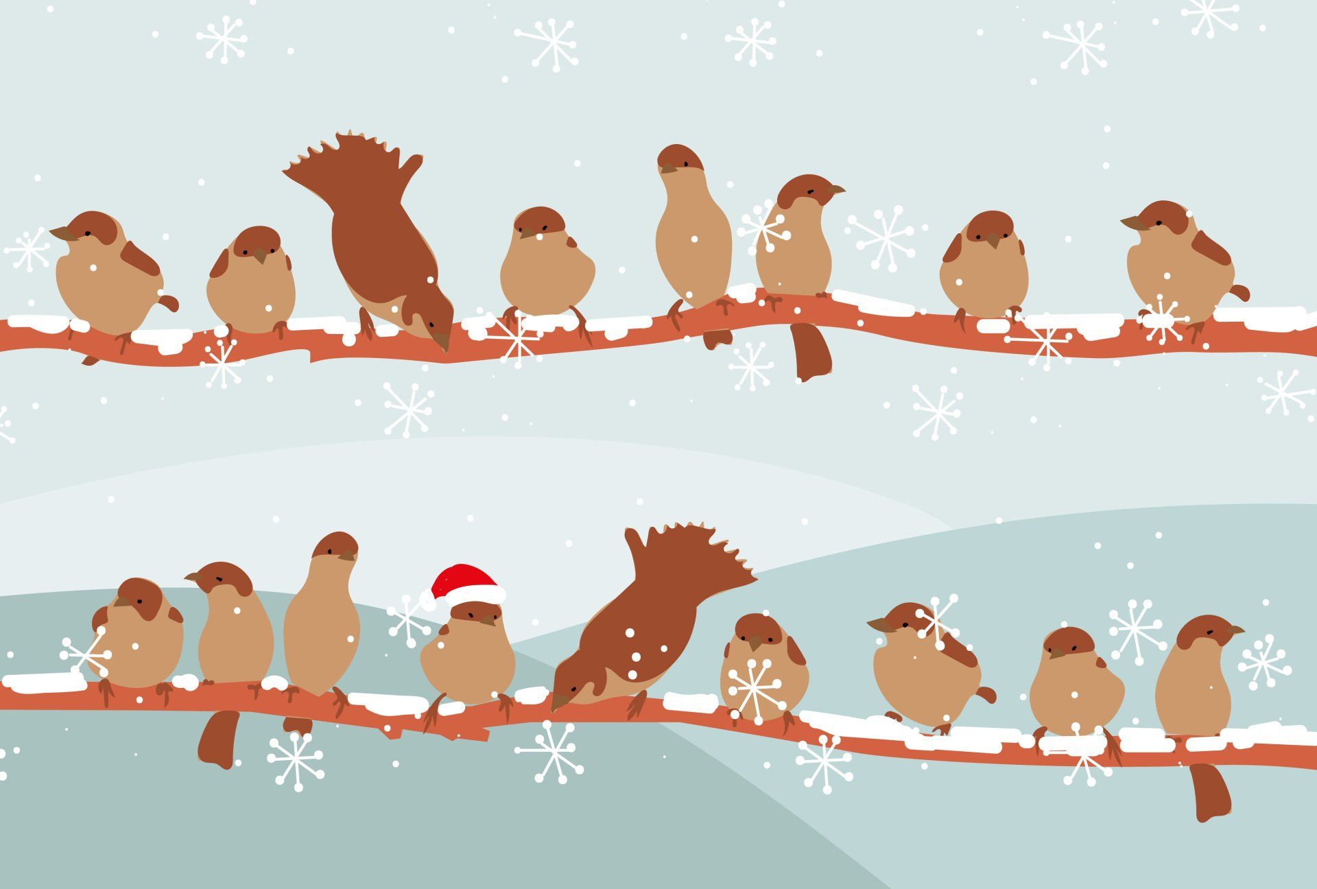 Twee rijen bruine vogels zaten op takken tijdens een lichte sneeuwval, één vogel droeg een klein rood kerstmutsje.