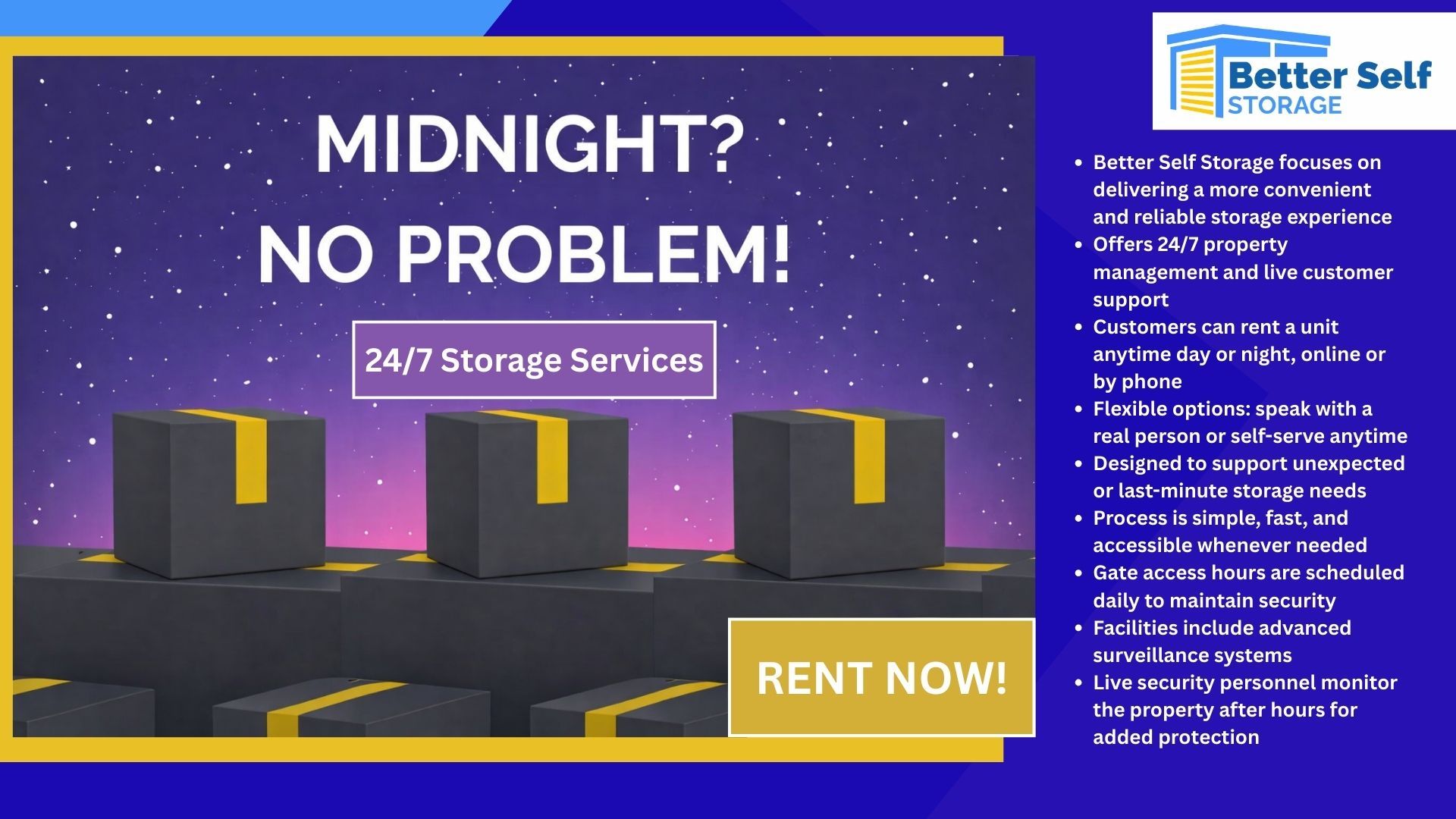 Night parking service ad with lit parking bays, “Midnight? No Problem!” and “Rent Now” on a purple background