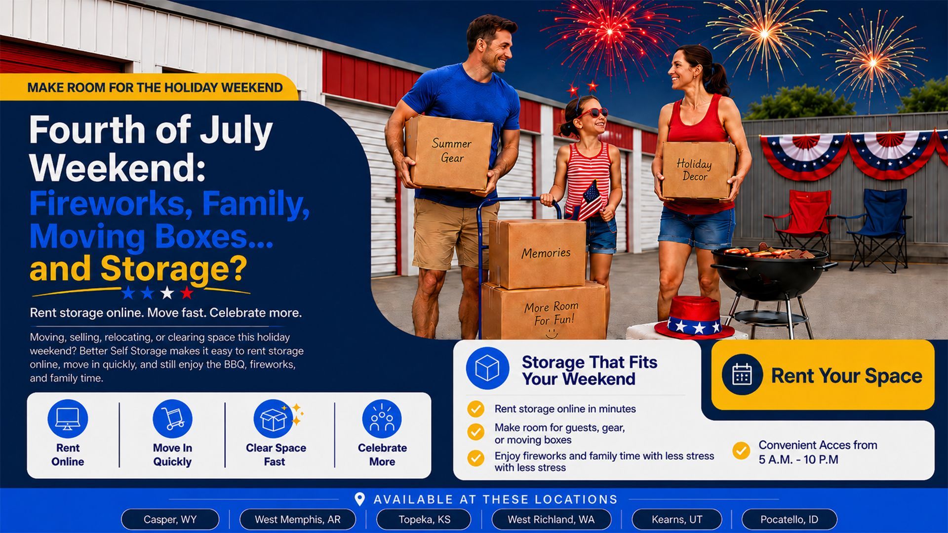 Self storage for Fourth of July weekend moving, decluttering, and organizing seasonal items