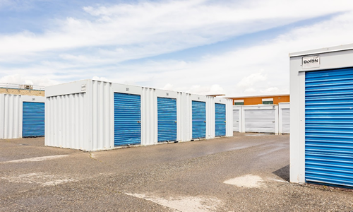 Rows of white storage units with blue roll-up doors on a paved lot under a partly cloudy sky