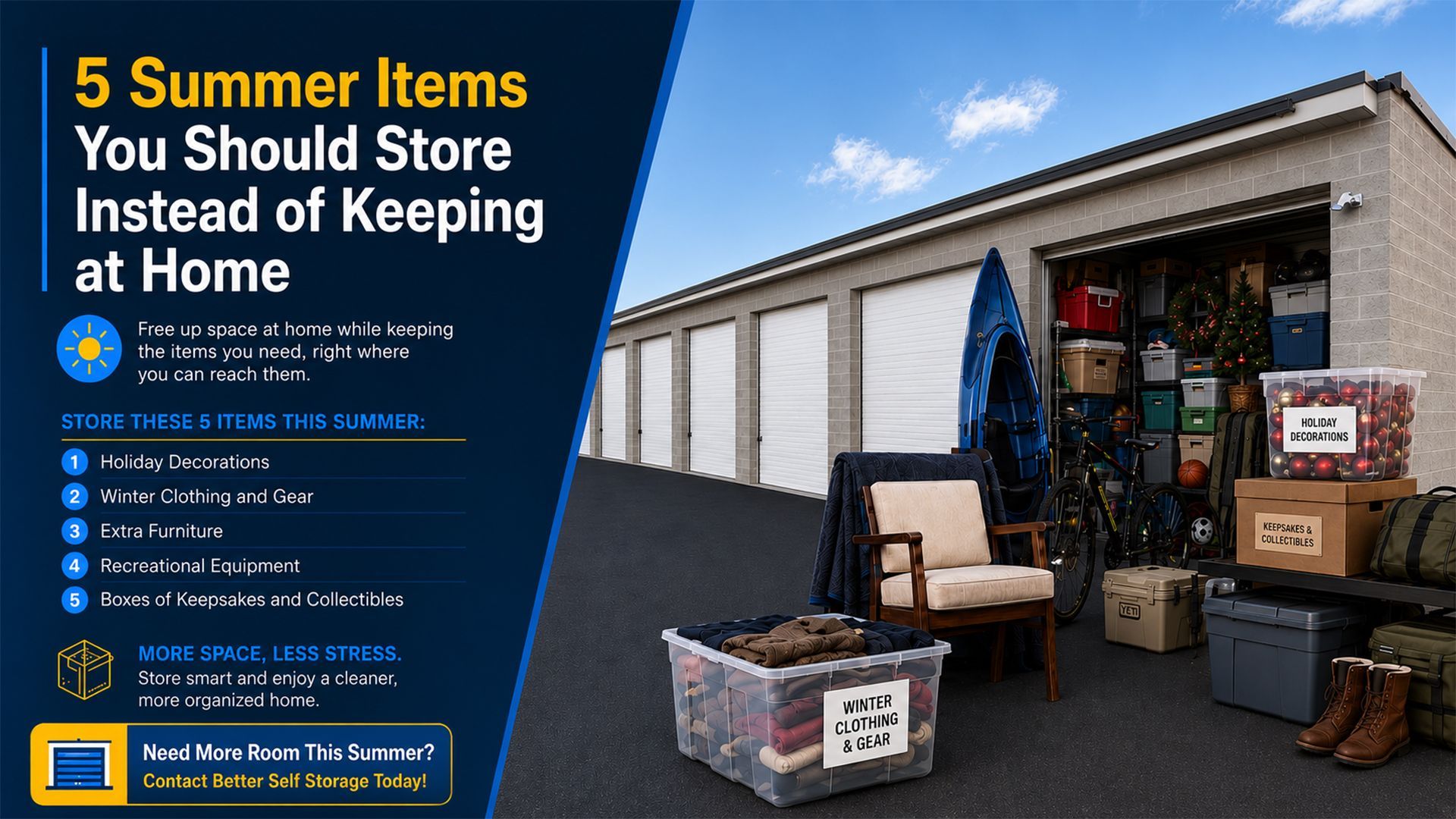 Summer storage solutions for seasonal items, furniture, and recreational equipment in self storage