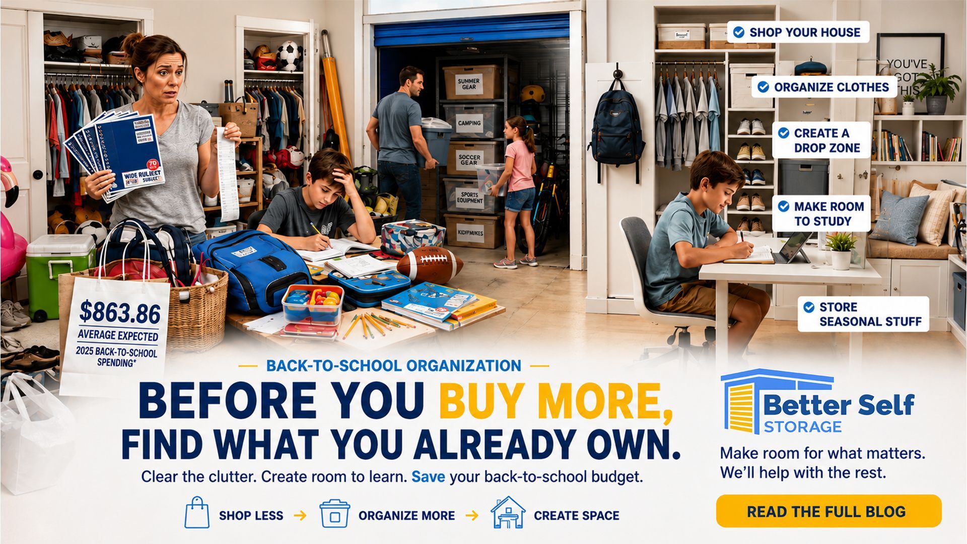 Family organizing school supplies and seasonal items for back-to-school storage