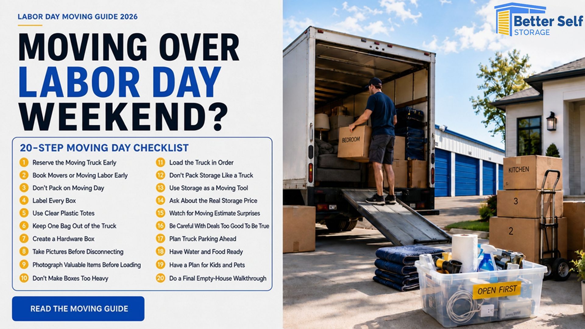 Moving truck and storage units during a Labor Day move.