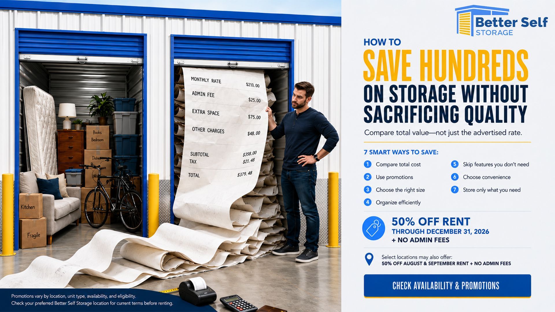 Better Self Storage units with customer comparing storage costs and ways to save.