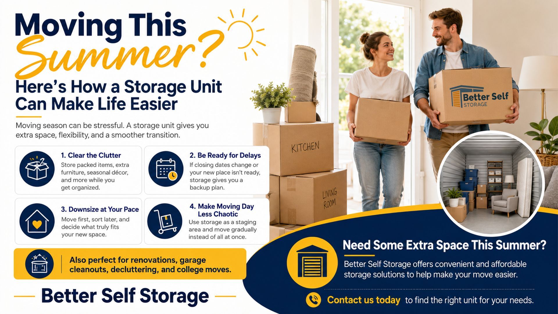 Family moving into a new home with boxes using self storage for extra space during summer move