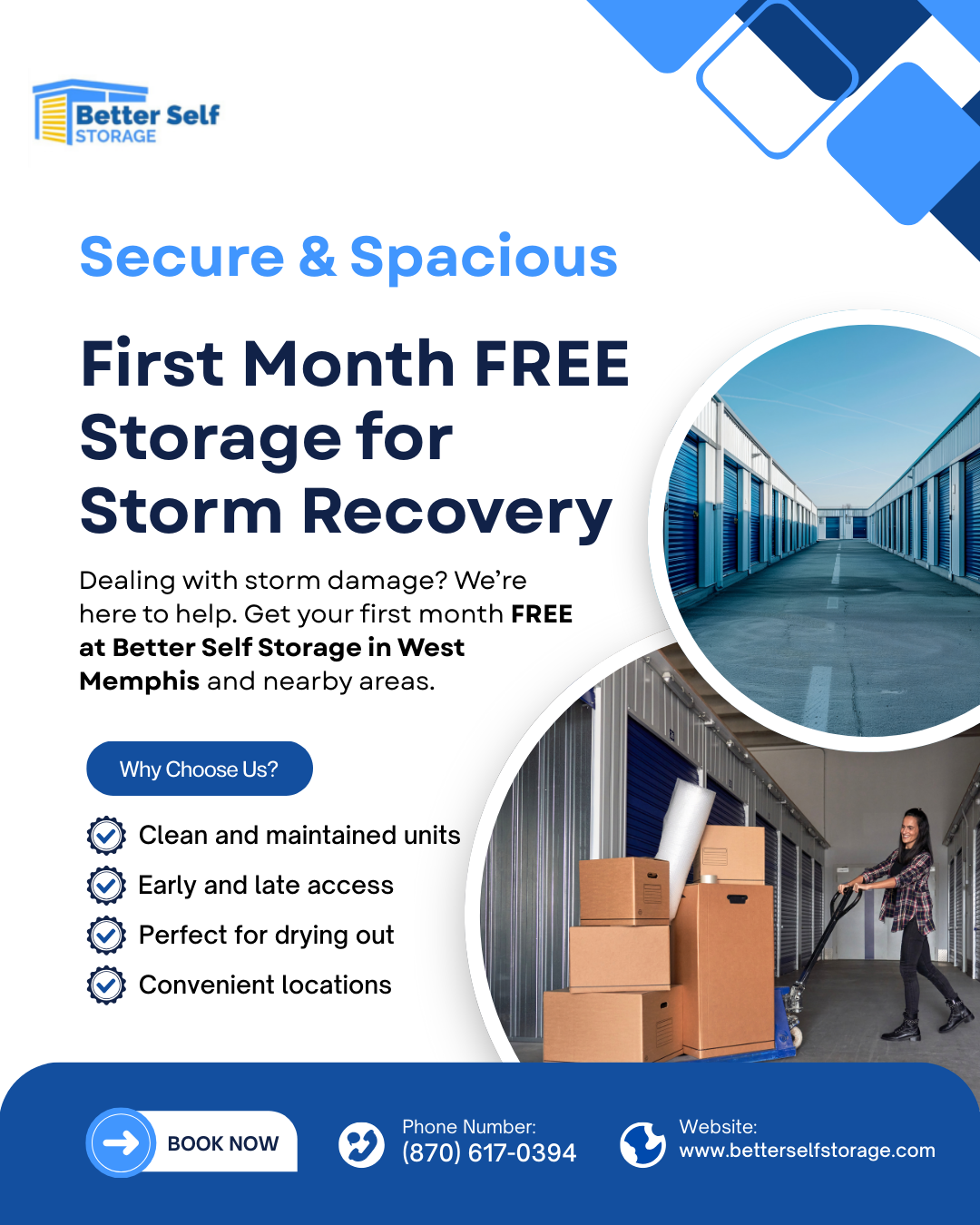 Storage promo: “First Month FREE” for storm recovery, with warehouse and moving boxes on a blue-white layout