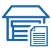 Blue outline icon of a document with a folded corner and text lines, in front of a building symbol