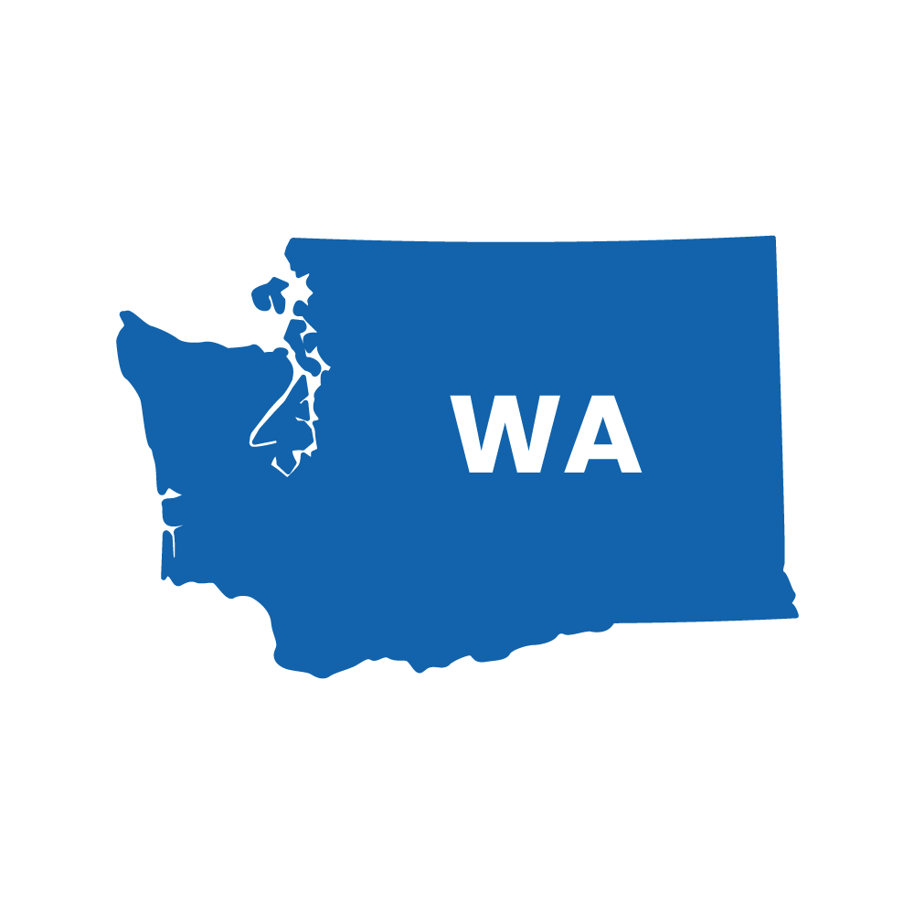 Blue Washington state silhouette with white “WA” text on a white background