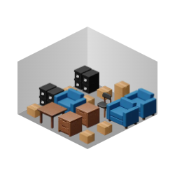 Isometric room filled with blue chairs, tables, black cabinets, and cardboard boxes