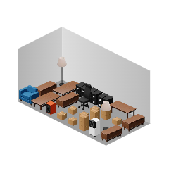Isometric room with desks, chairs, boxes, lamps, and a few furniture pieces arranged in rows