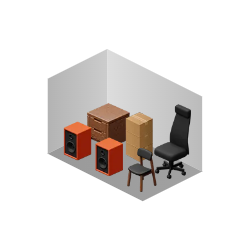 3D room corner with speakers, boxes, chair, stool, and a black office chair