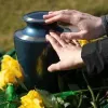 Hands gently touching a dark urn surrounded by yellow flowers in a grassy memorial setting