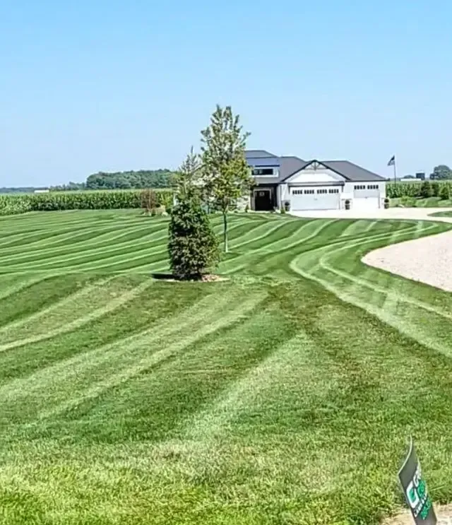 Freshly mowed green lawn with striped patterns leading to a house and driveway under a blue sky