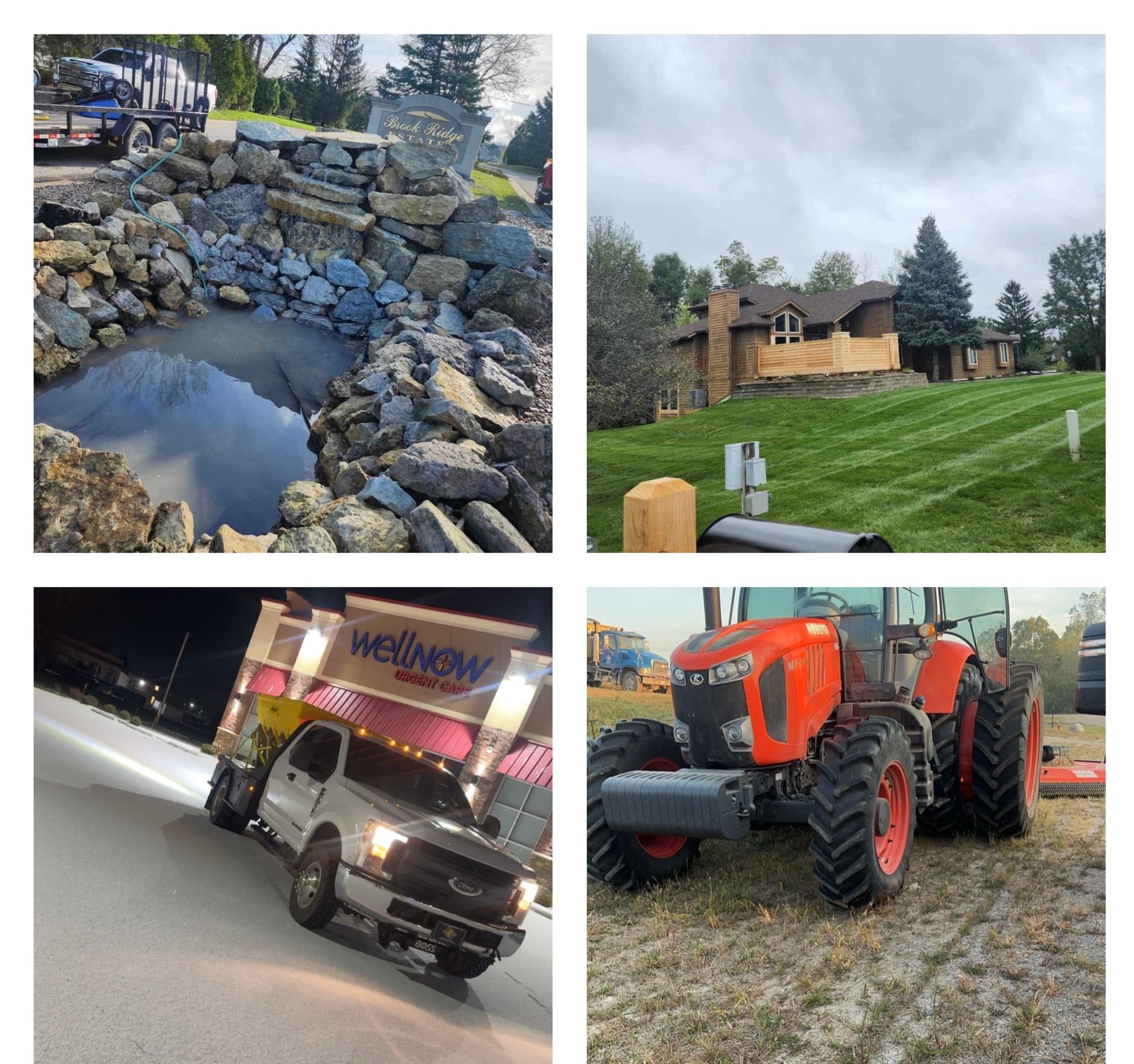 Four-panel collage: rock pond, cabin on grassy hill, truck at night, and orange tractor in a field