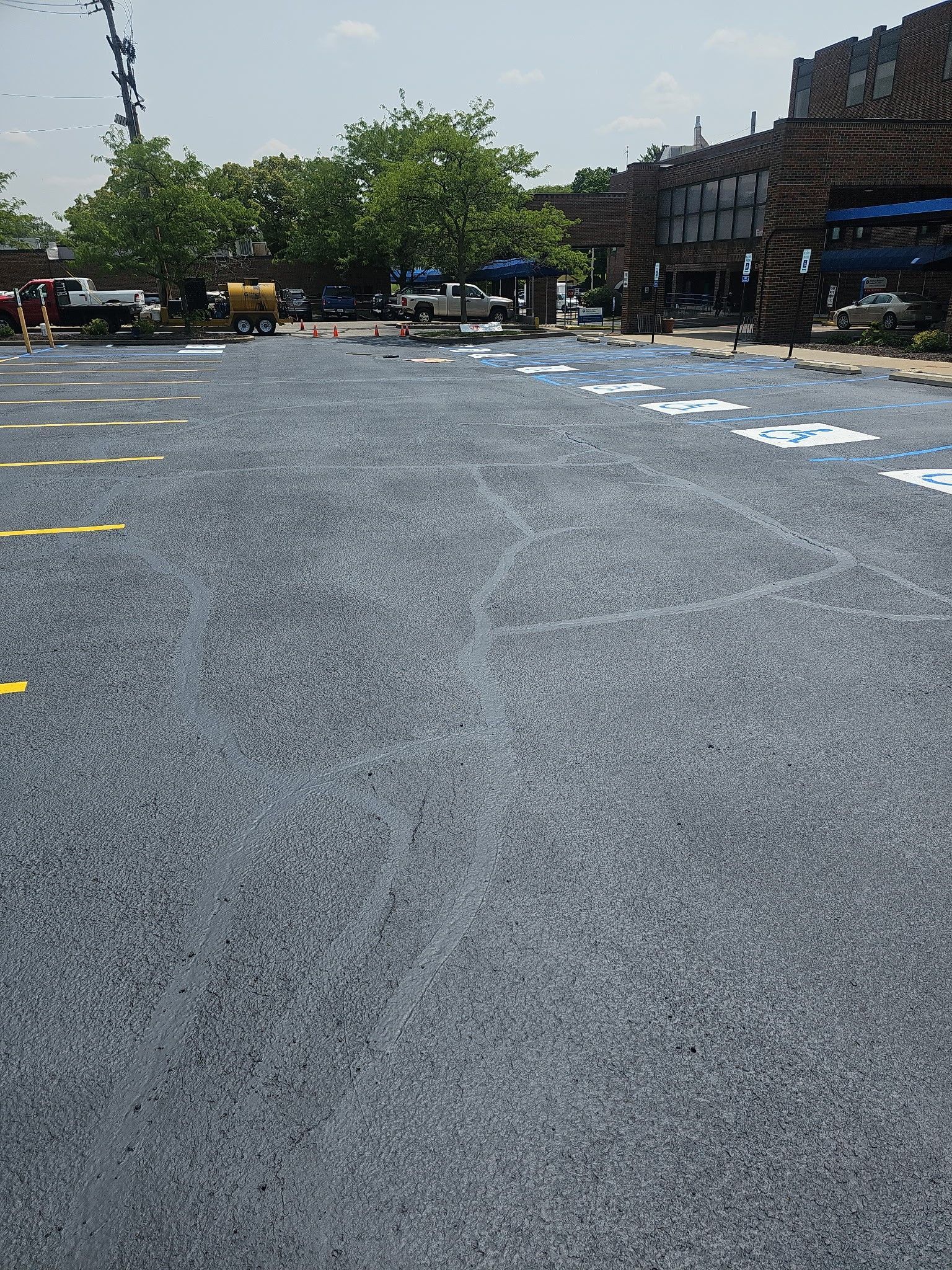 Wide asphalt parking lot with painted markings, trees, and buildings in the background.